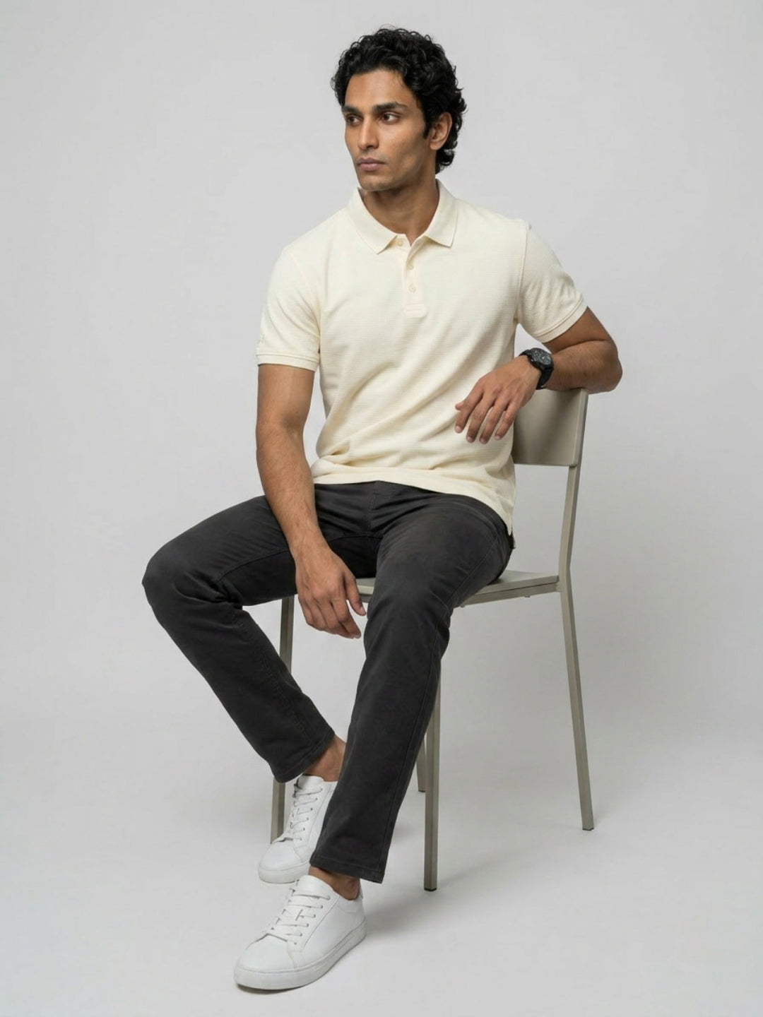 Men T-Shirt Solid Off-White Regular Fit