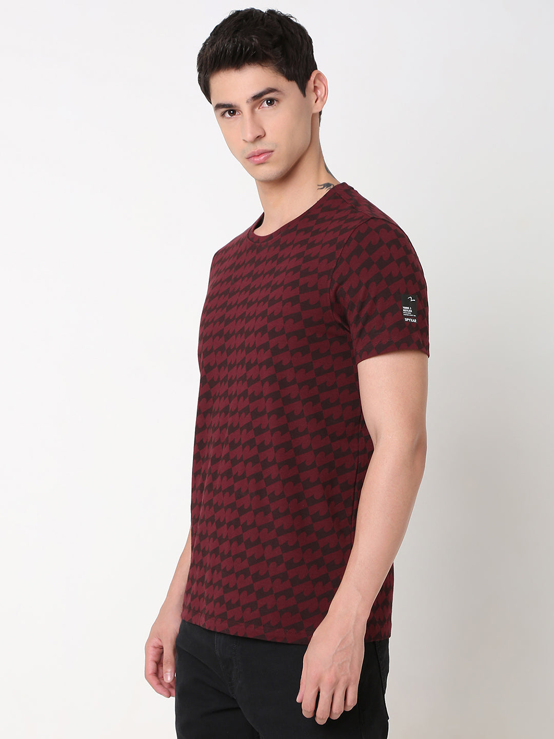 Spykar Slim Fit Printed Round Neck Red T-Shirt For Men