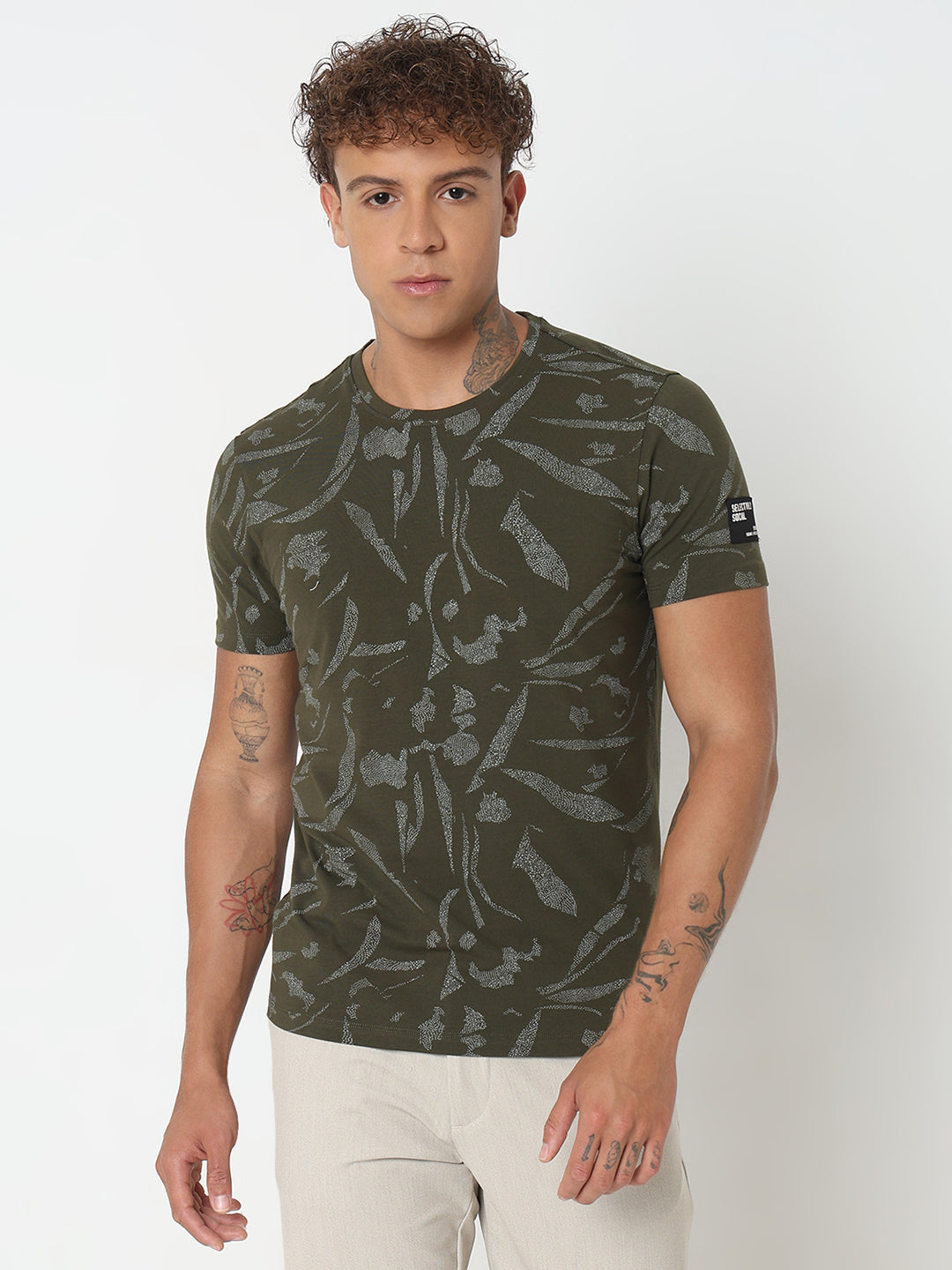 Spykar Slim Fit Printed Round Neck Green T-Shirt For Men