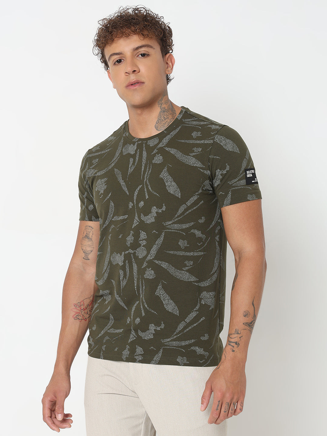 Spykar Slim Fit Printed Round Neck Green T-Shirt For Men