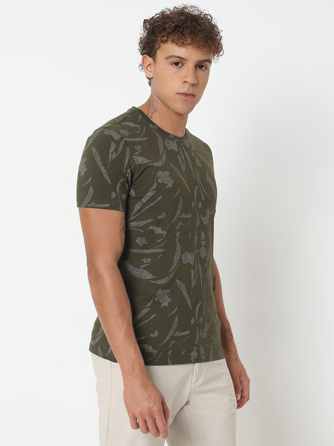 Spykar Slim Fit Printed Round Neck Green T-Shirt For Men