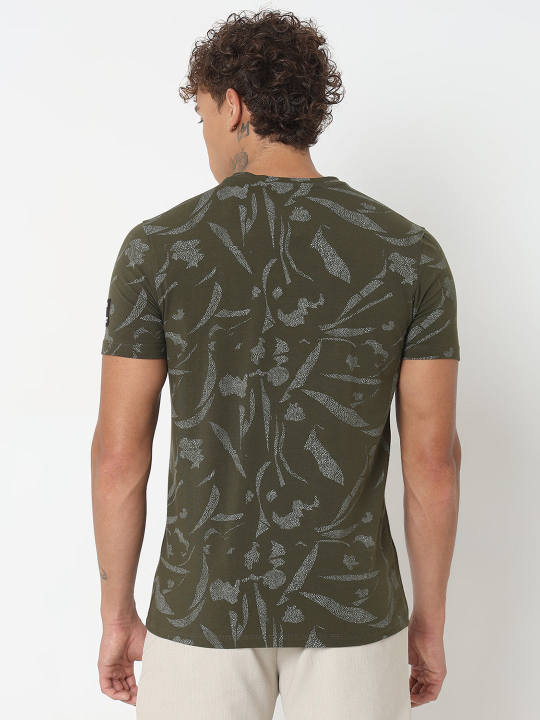 Spykar Slim Fit Printed Round Neck Green T-Shirt For Men