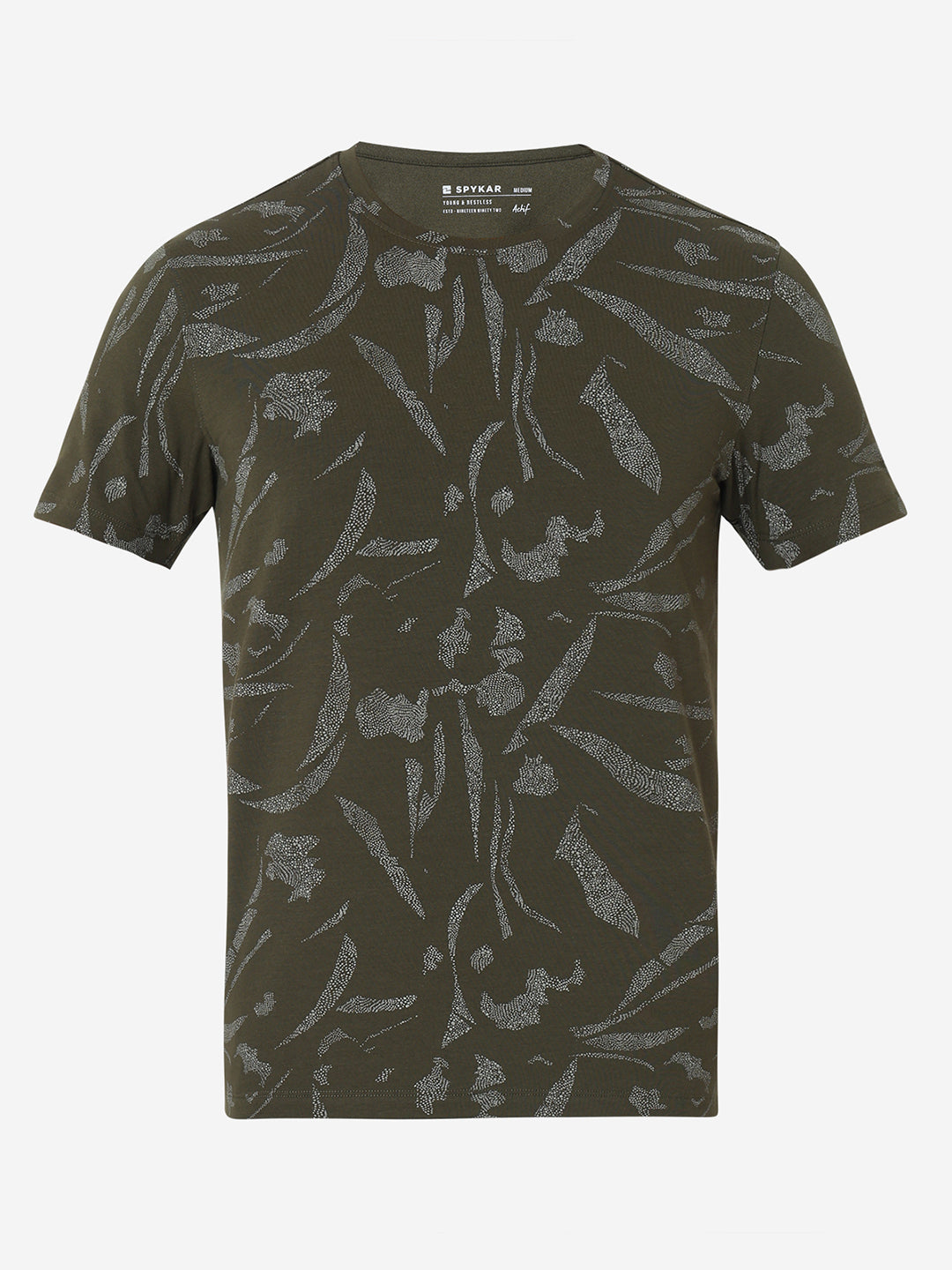 Spykar Slim Fit Printed Round Neck Green T-Shirt For Men