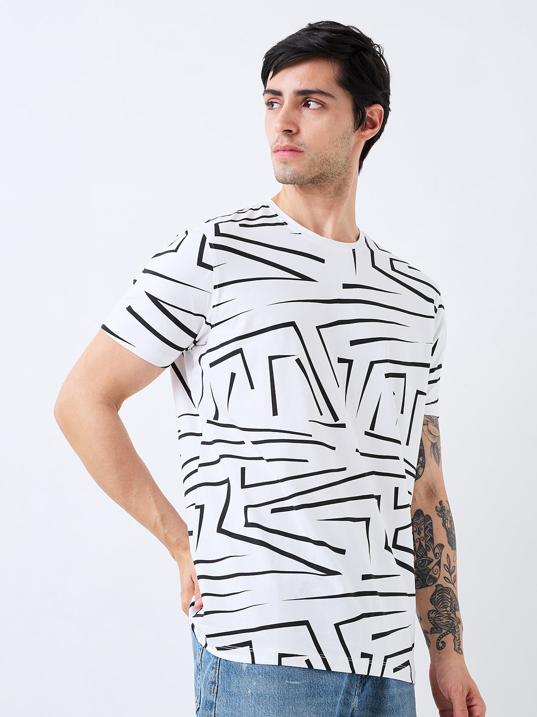 Spykar White Slim Fit Printed Half Sleeve T-Shirt For Men