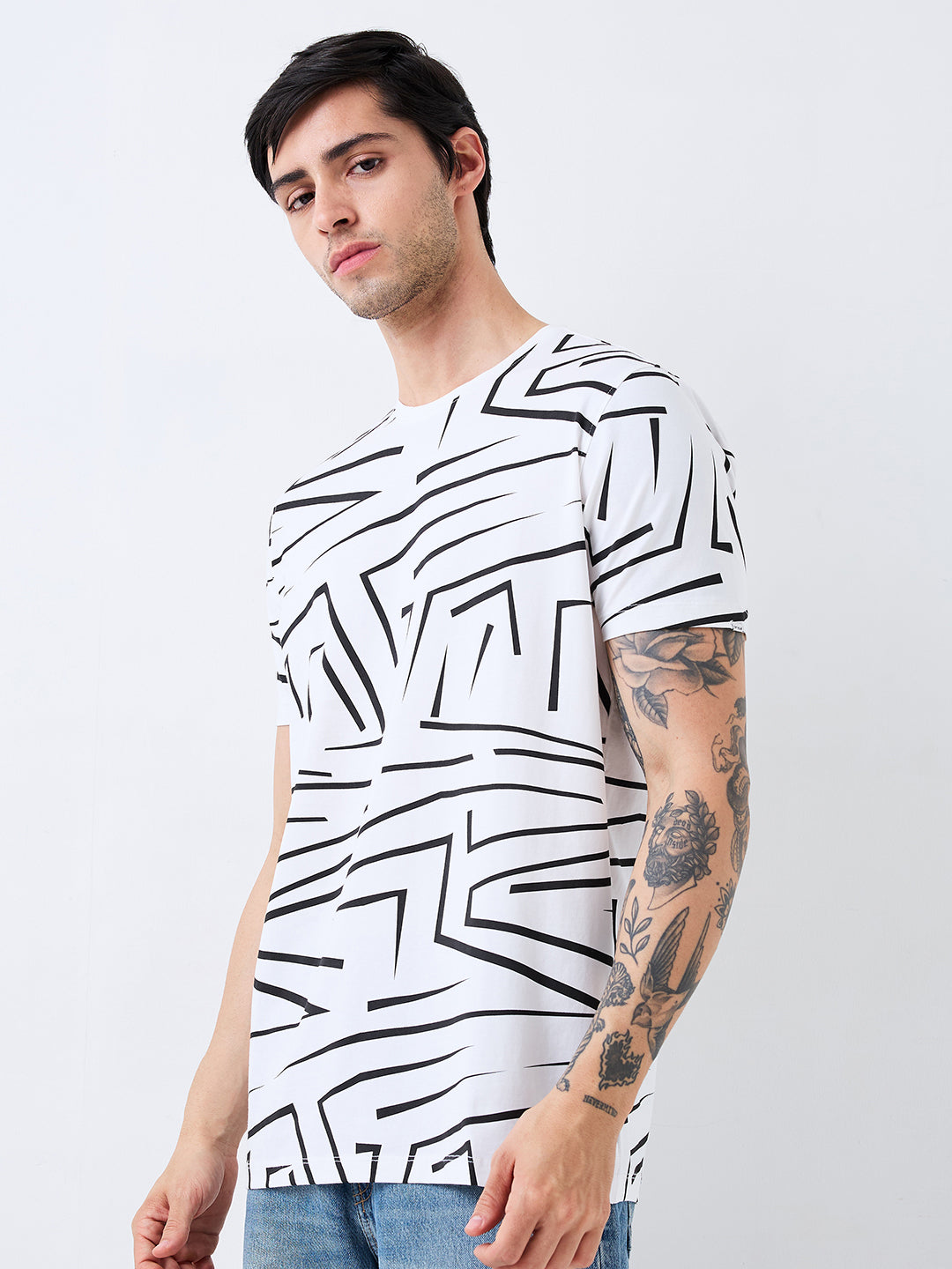 Spykar White Slim Fit Printed Half Sleeve T-Shirt For Men