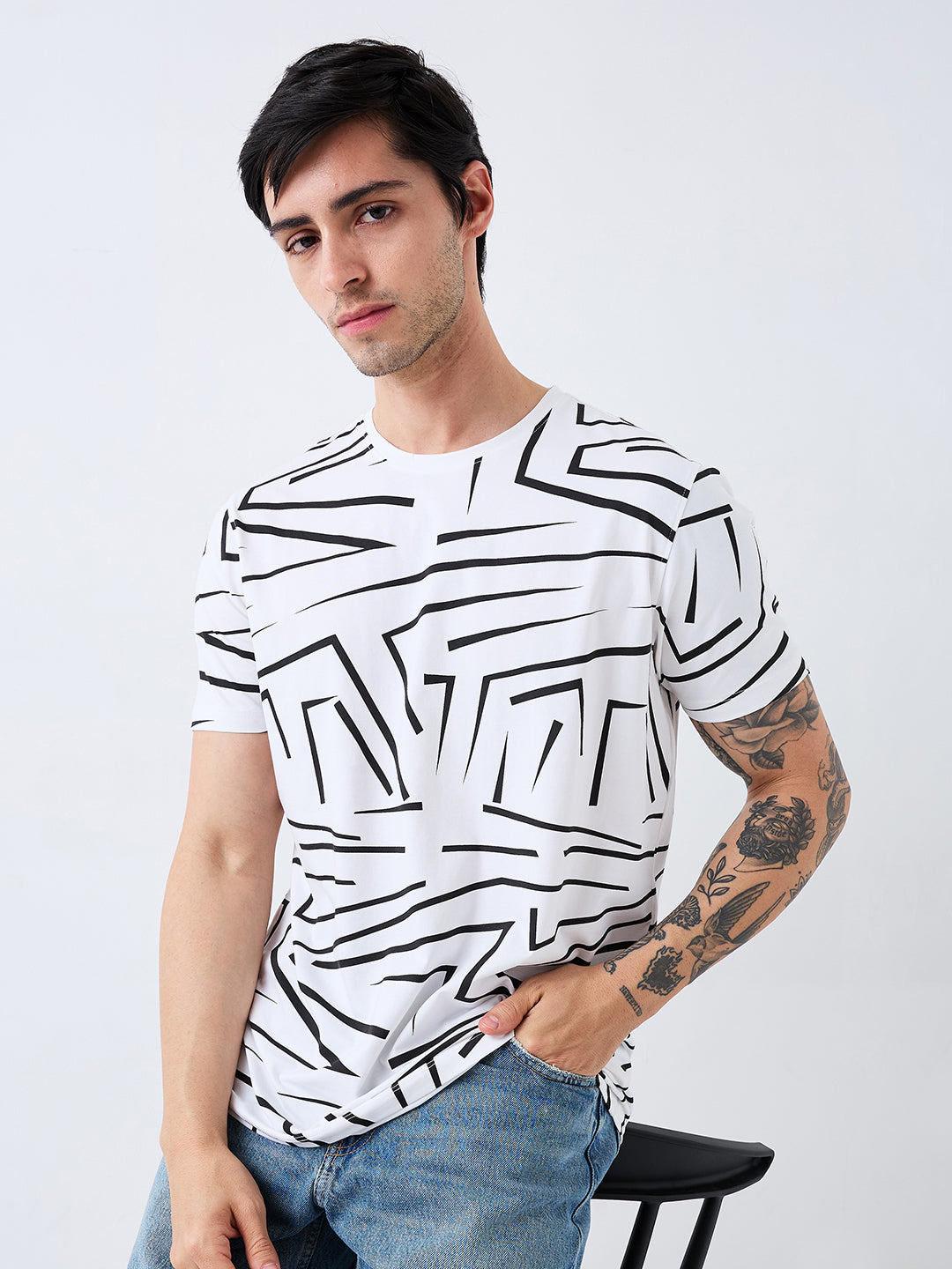 Spykar White Slim Fit Printed Half Sleeve T-Shirt For Men