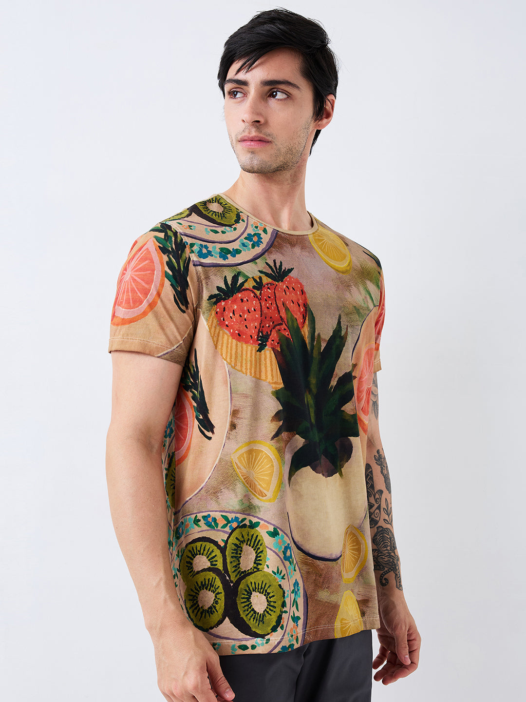 Spykar Beige Slim Fit Printed Half Sleeve T-Shirt For Men