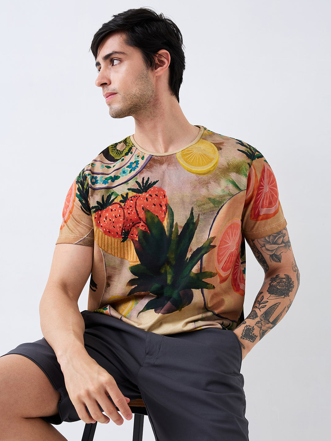 Spykar Beige Slim Fit Printed Half Sleeve T-Shirt For Men