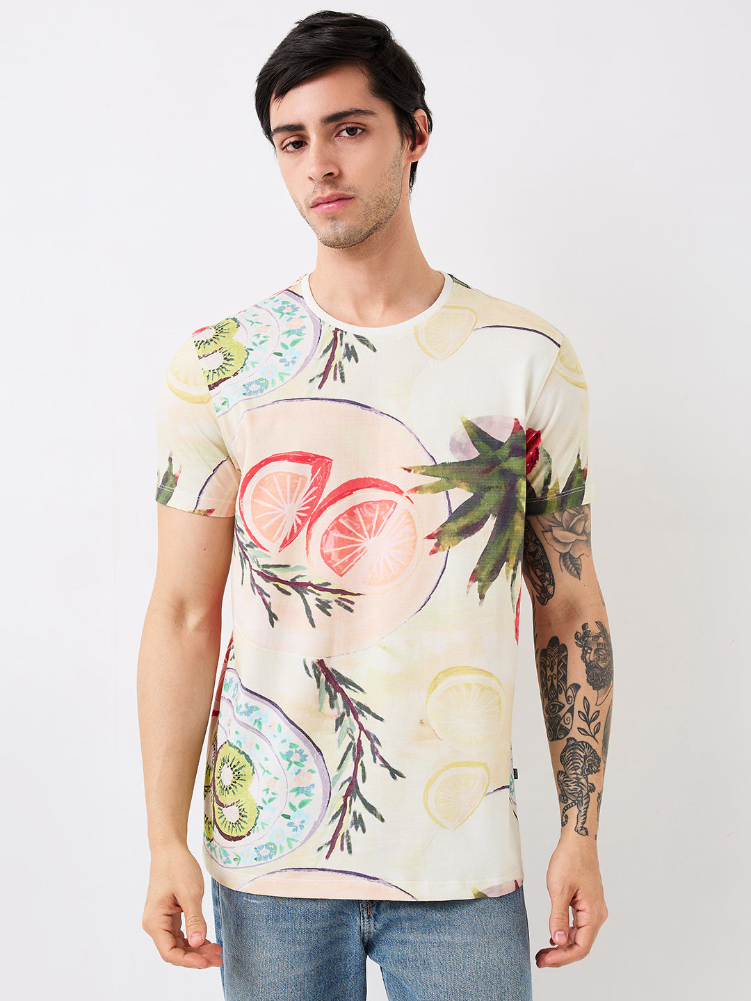 Spykar White Slim Fit Printed Half Sleeve T-Shirt For Men