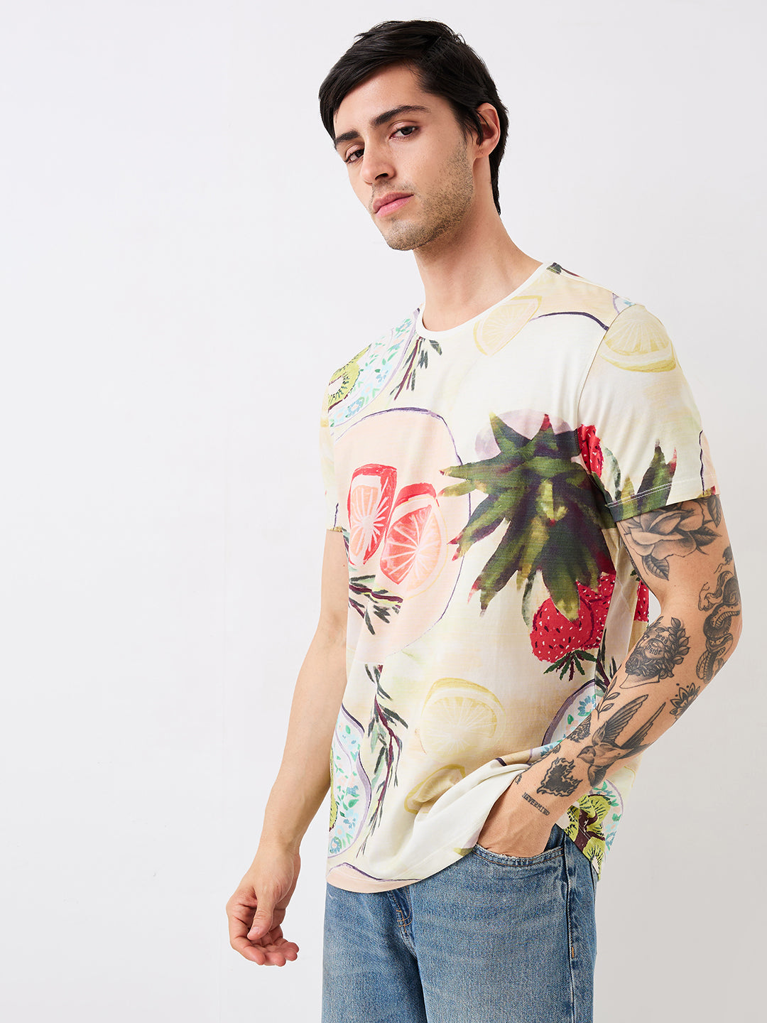 Spykar White Slim Fit Printed Half Sleeve T-Shirt For Men