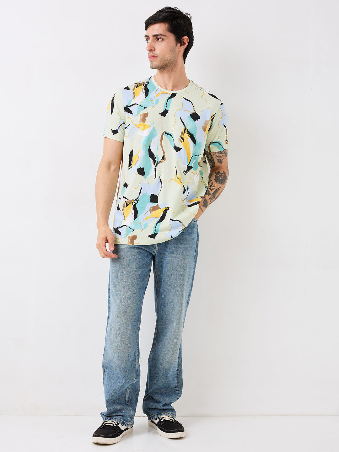 Spykar Green Slim Fit Printed Half Sleeve T-Shirt For Men