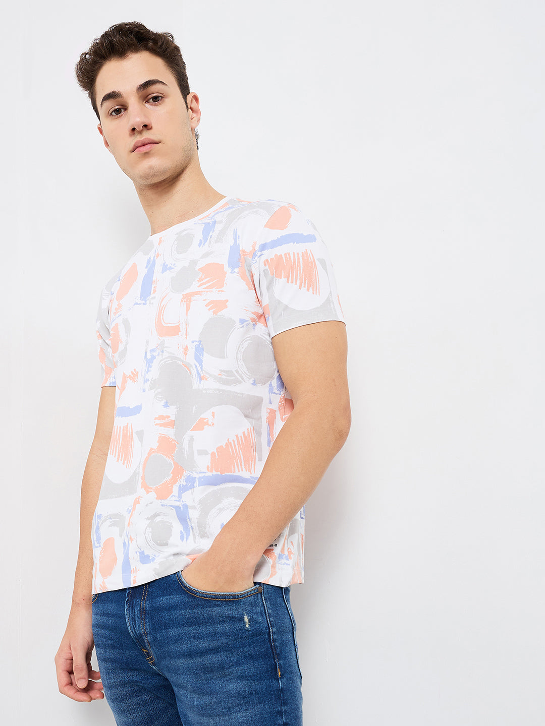 Spykar Blue Slim Fit Printed Half Sleeve T-Shirt For Men