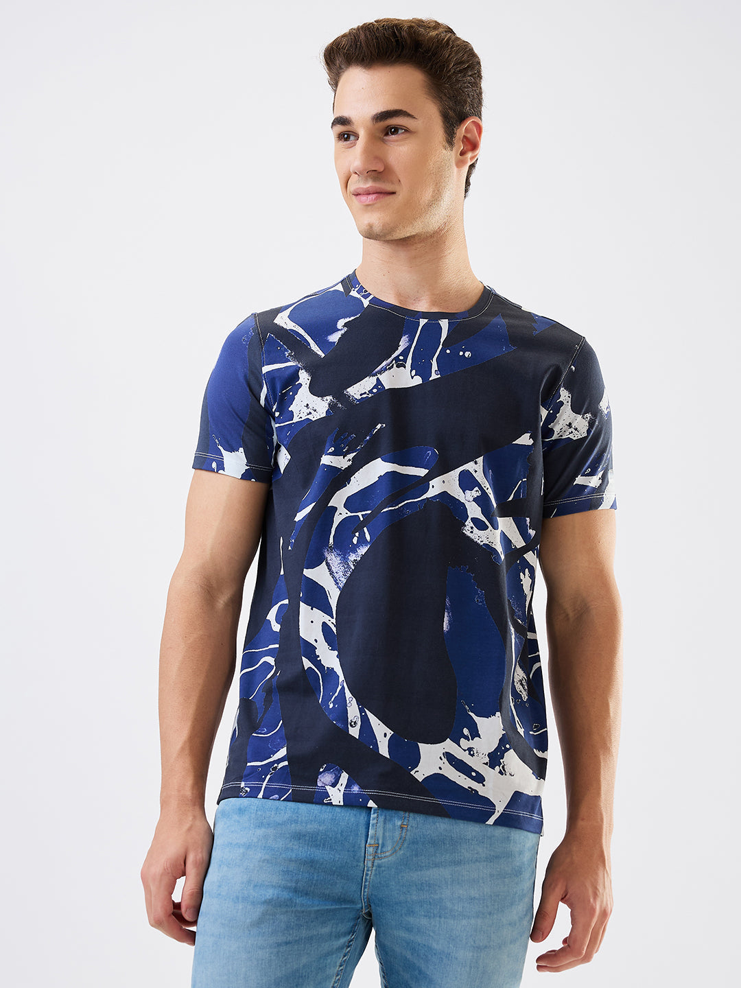 Spykar Blue Slim Fit Printed Half Sleeve T-Shirt For Men