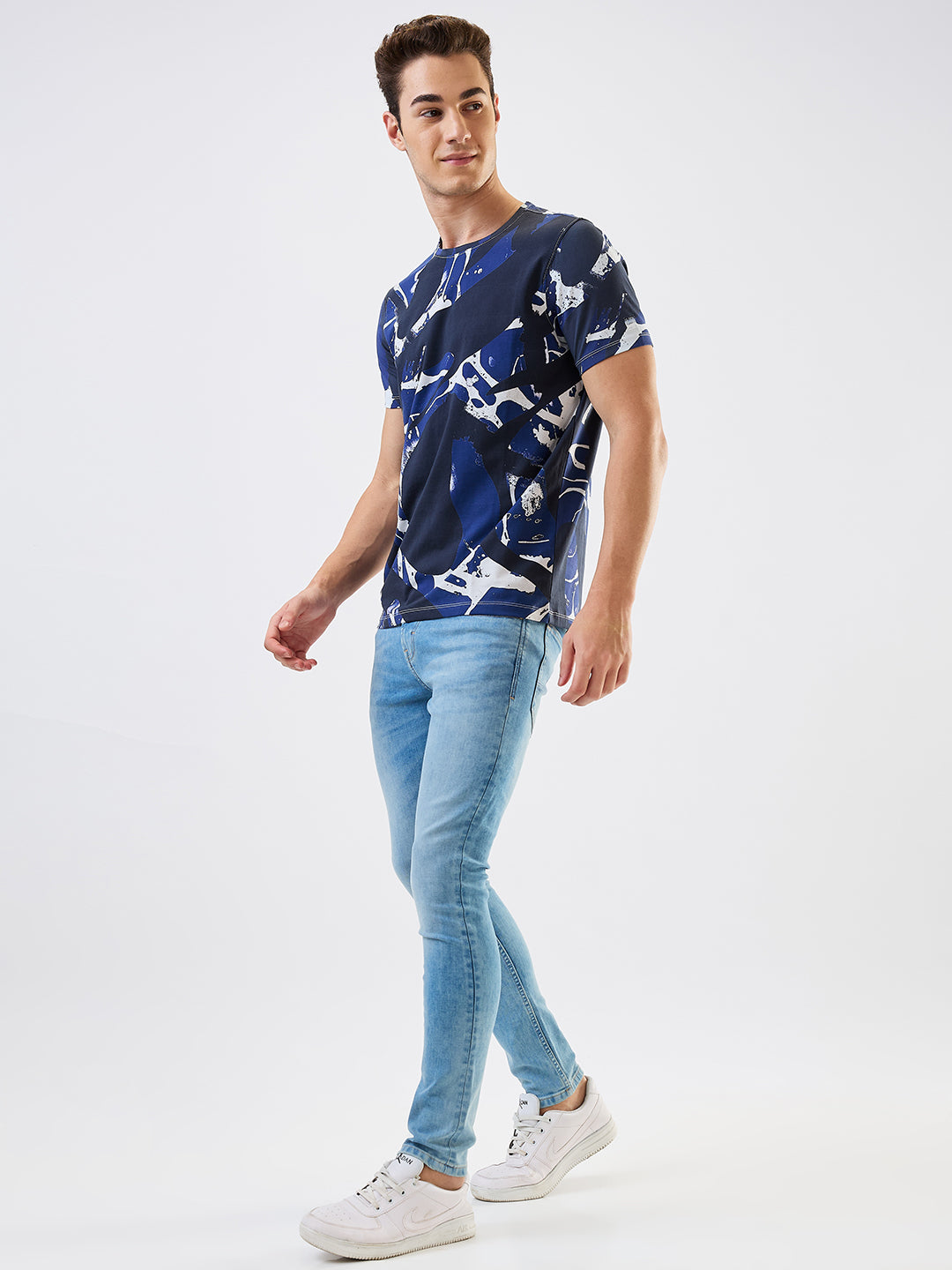 Spykar Blue Slim Fit Printed Half Sleeve T-Shirt For Men