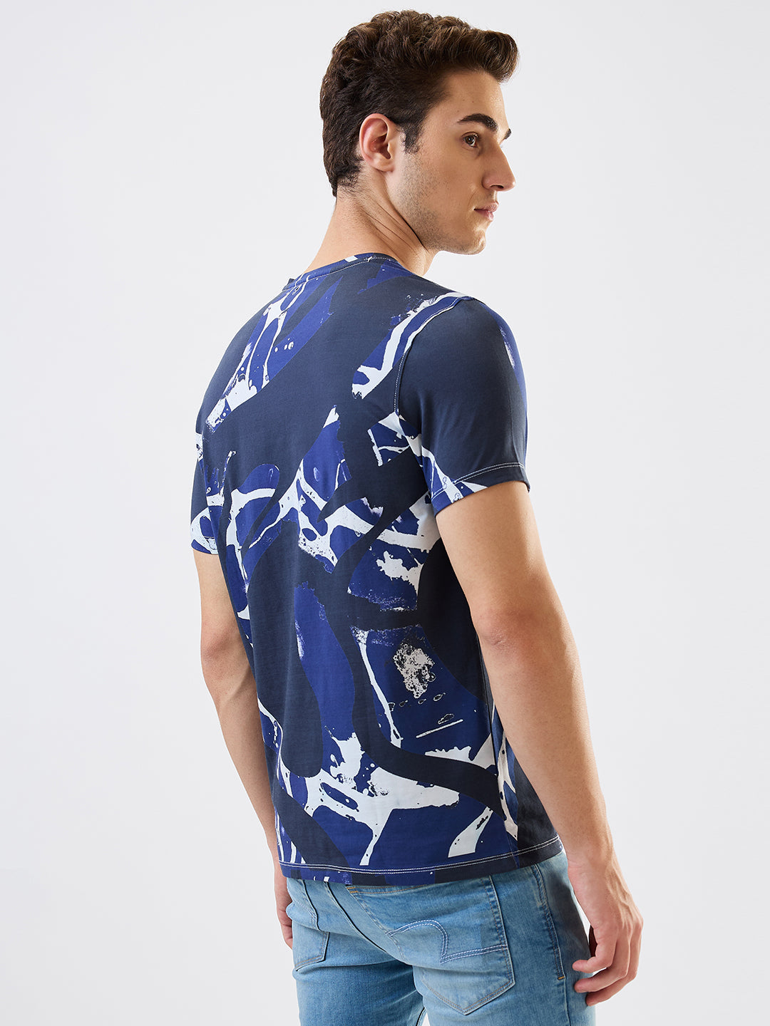 Spykar Blue Slim Fit Printed Half Sleeve T-Shirt For Men