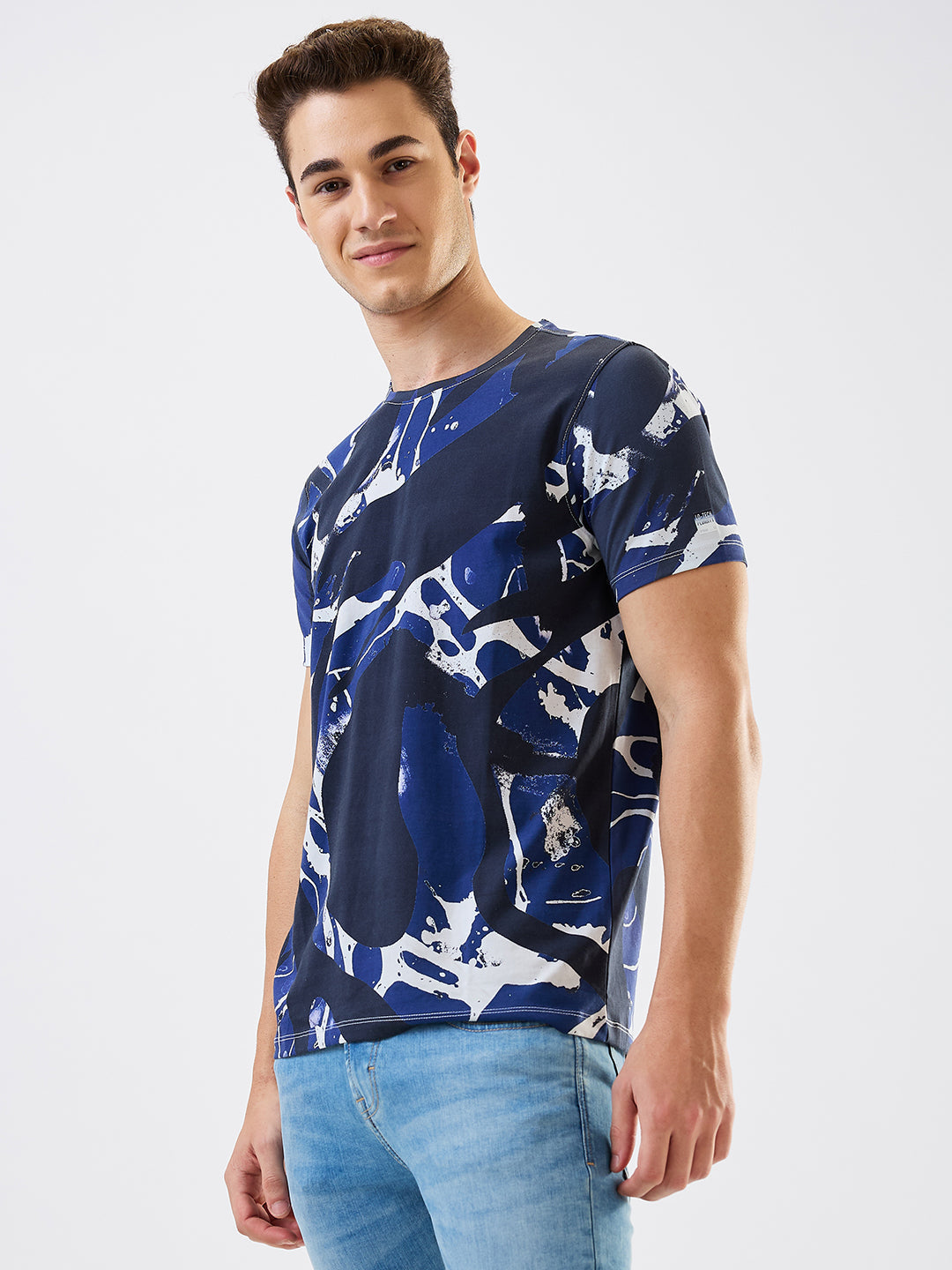 Men T-Shirt Print Blue Slim Fit