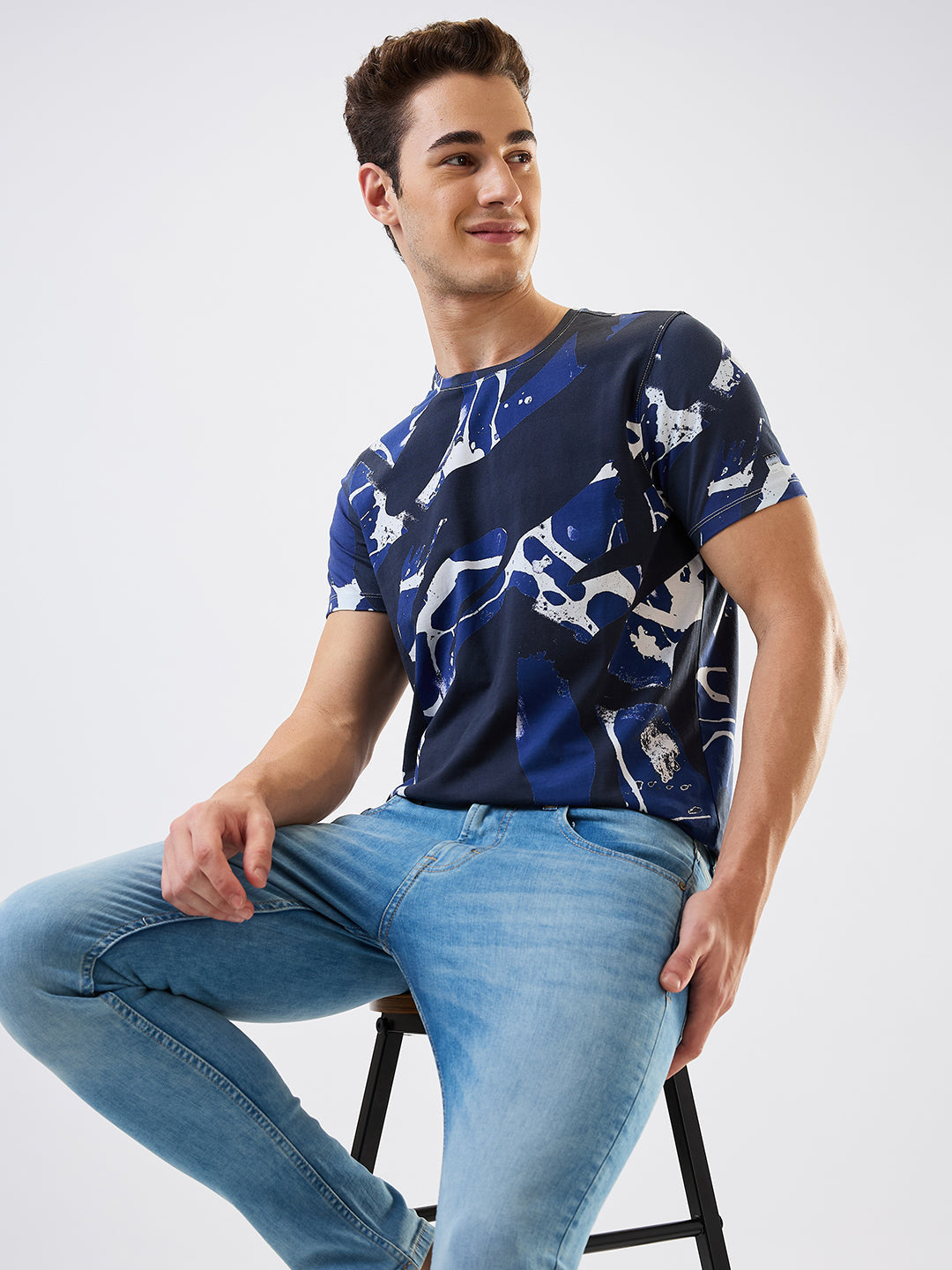 Spykar Blue Slim Fit Printed Half Sleeve T-Shirt For Men