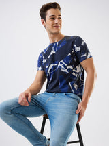 Men T-Shirt Print Blue Slim Fit