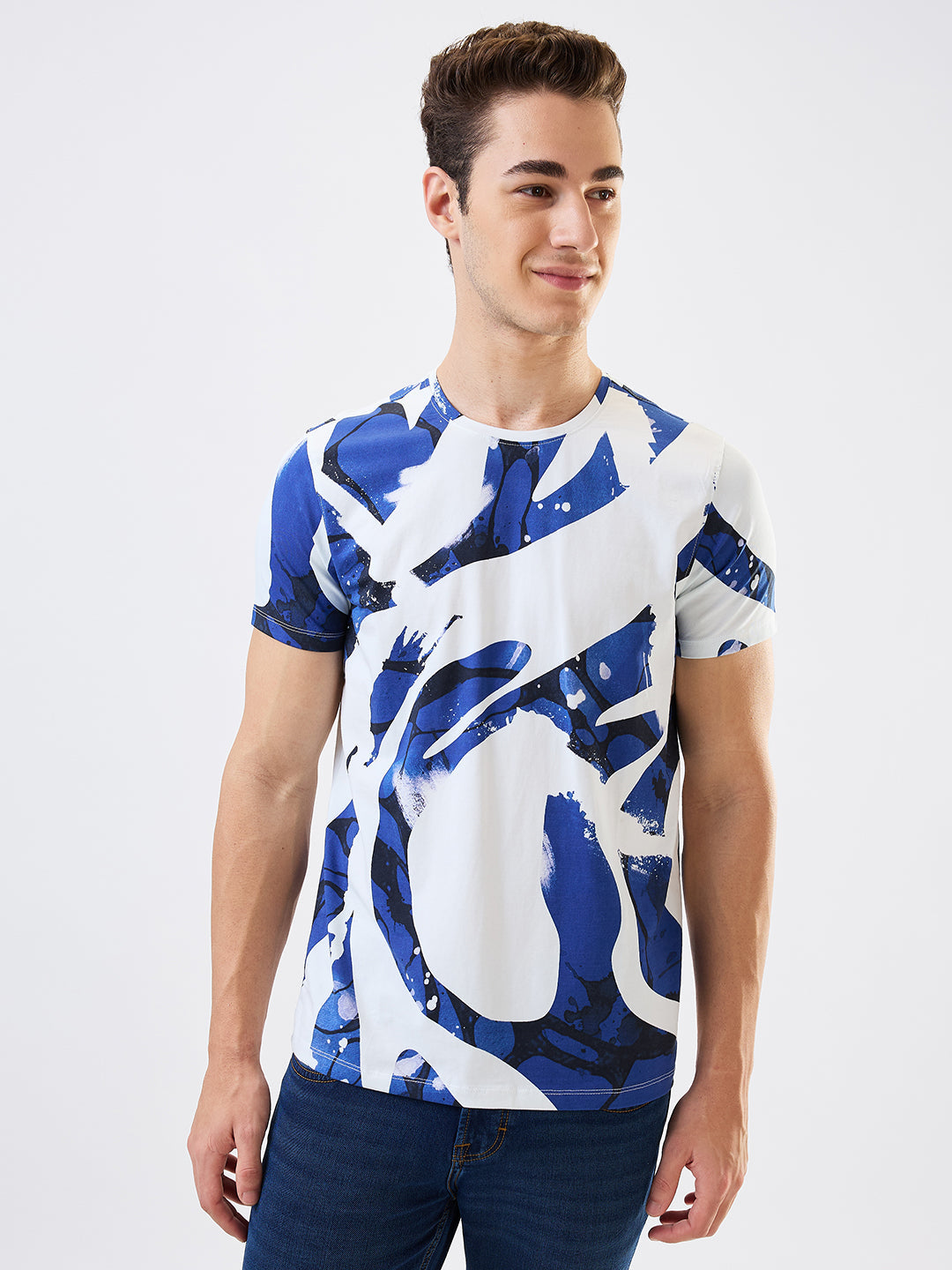 Spykar White Slim Fit Printed Half Sleeve T-Shirt For Men