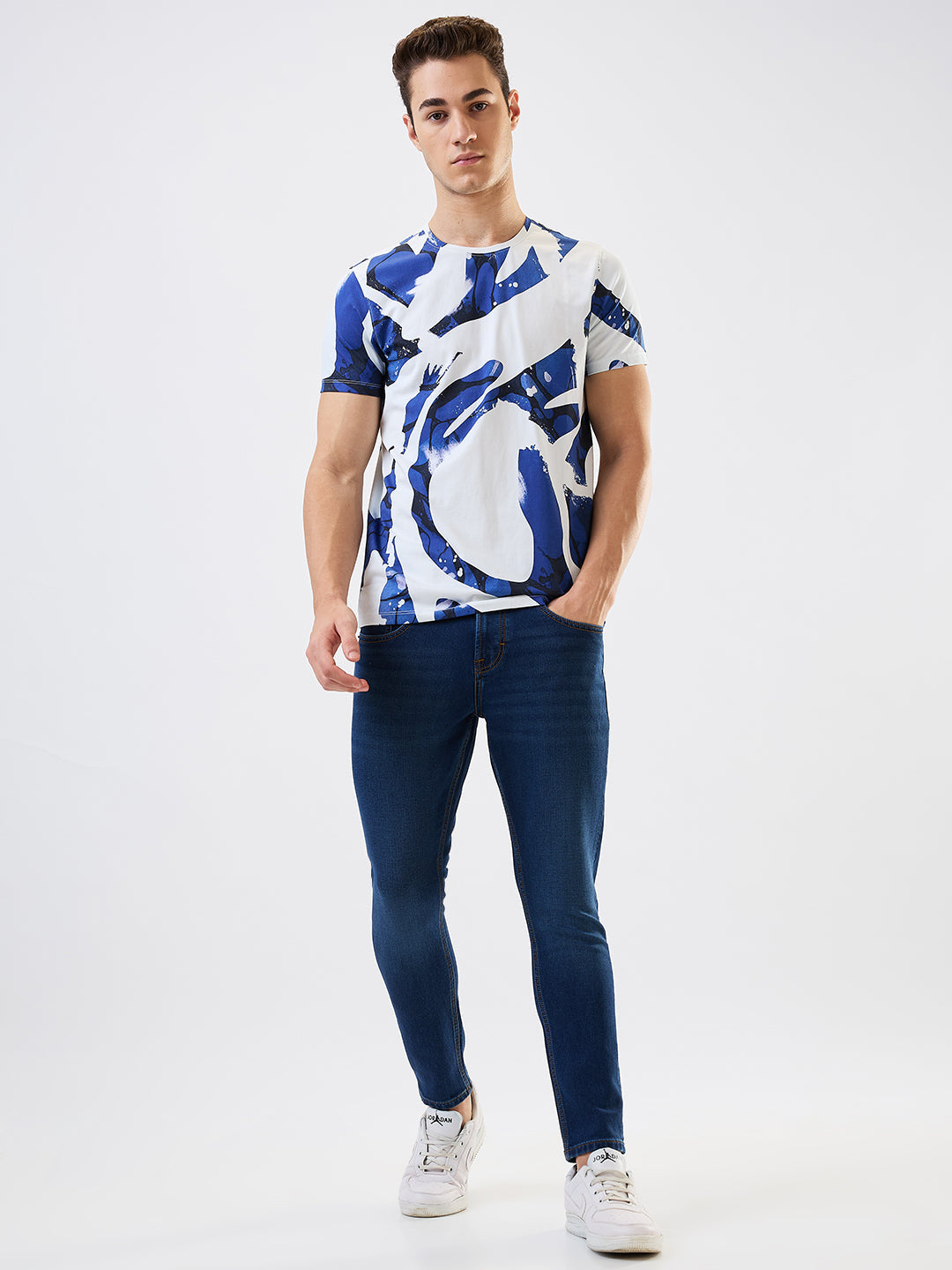 Spykar White Slim Fit Printed Half Sleeve T-Shirt For Men