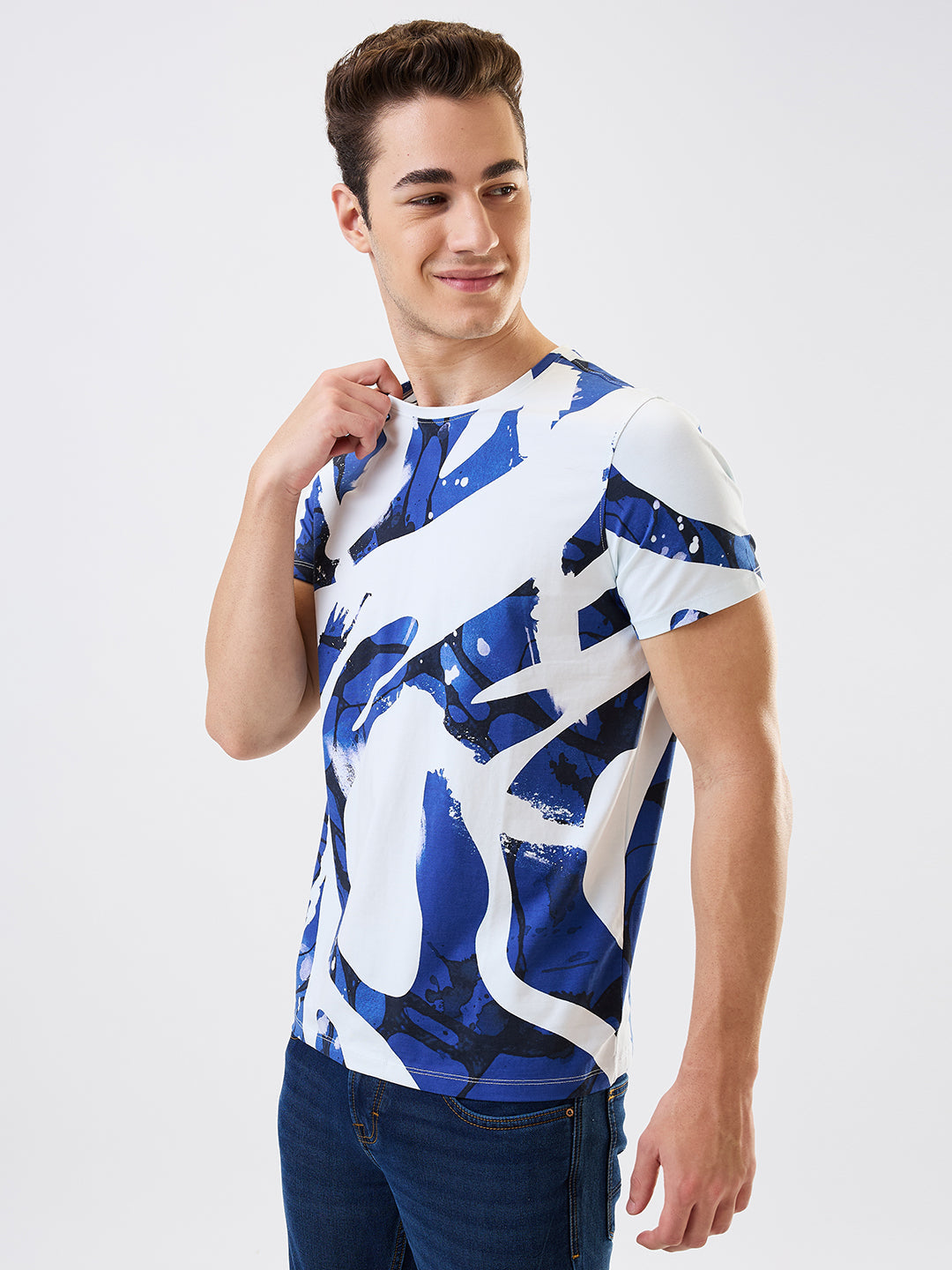 Spykar White Slim Fit Printed Half Sleeve T-Shirt For Men