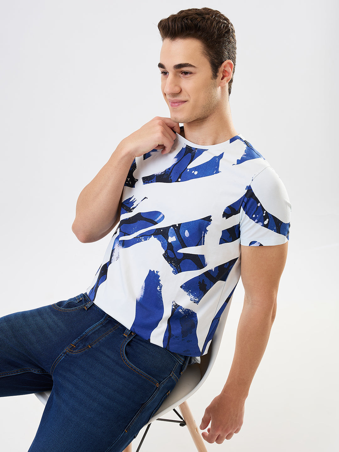 Spykar White Slim Fit Printed Half Sleeve T-Shirt For Men