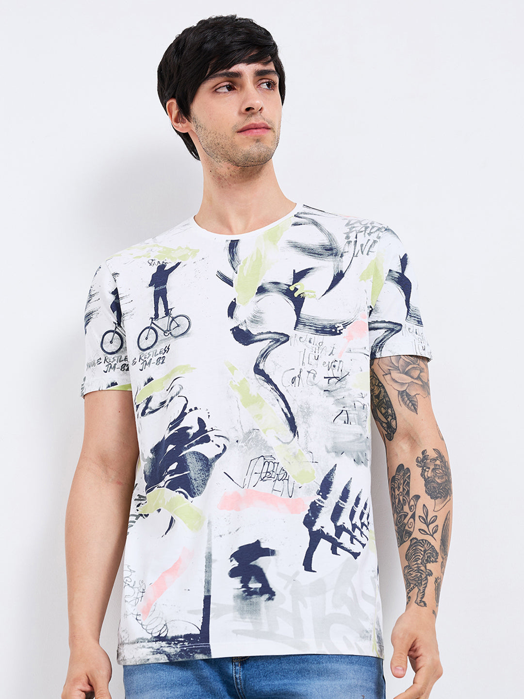 Spykar Green Slim Fit Printed Half Sleeve T-Shirt For Men