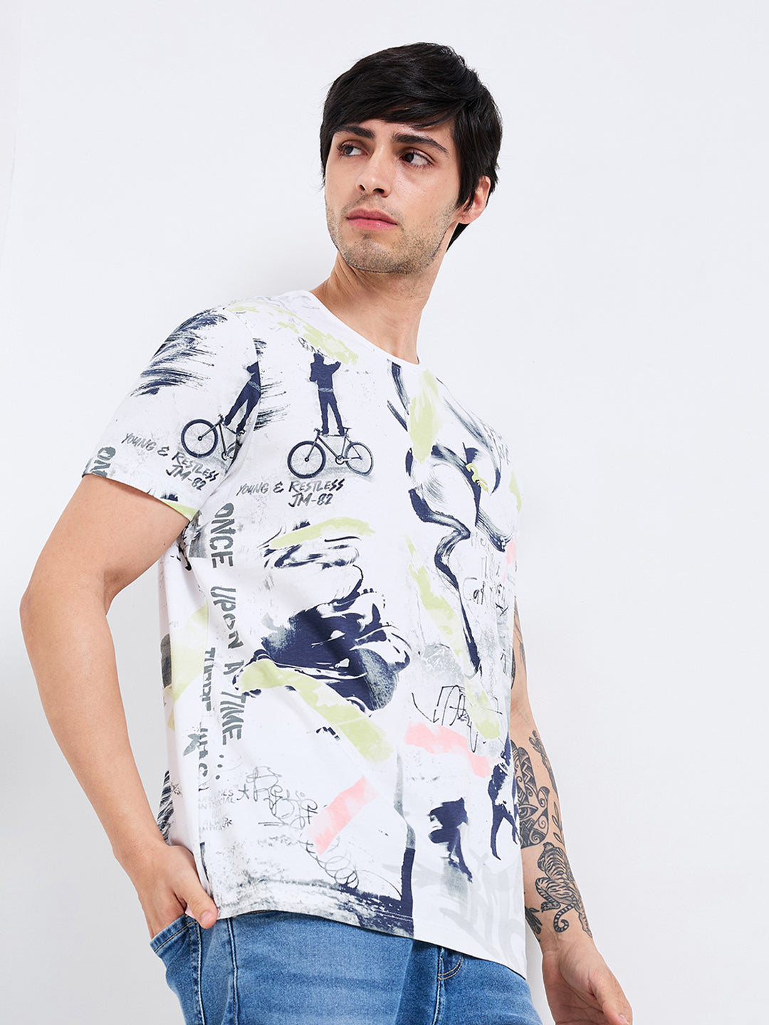 Spykar Green Slim Fit Printed Half Sleeve T-Shirt For Men