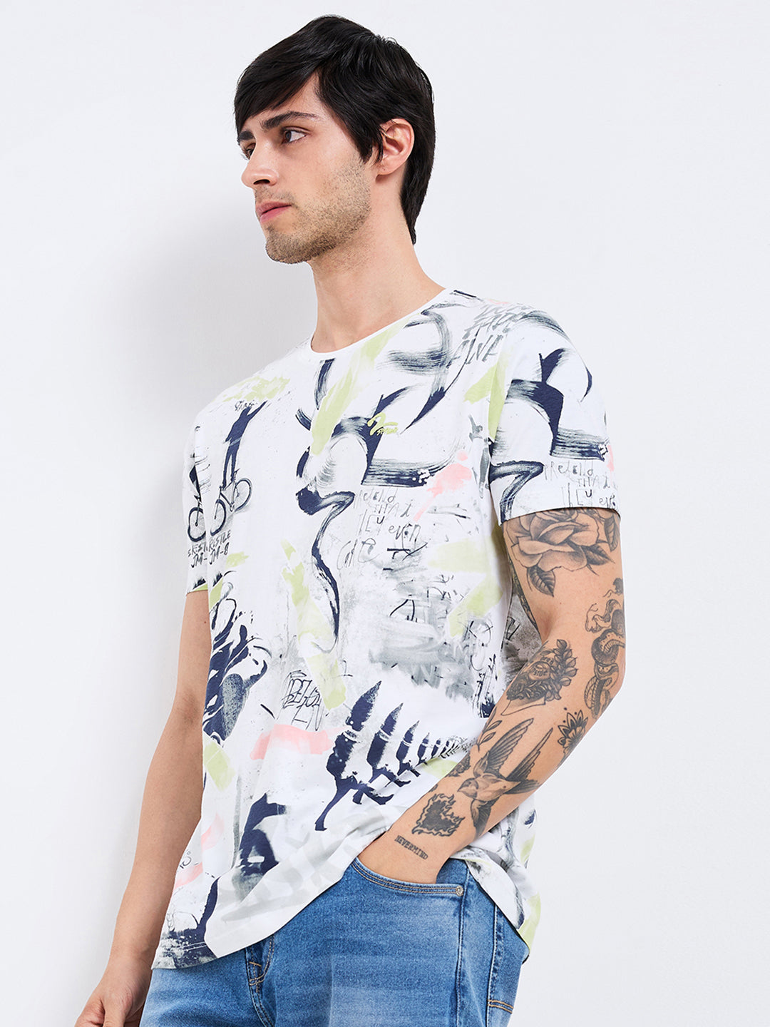 Spykar Green Slim Fit Printed Half Sleeve T-Shirt For Men