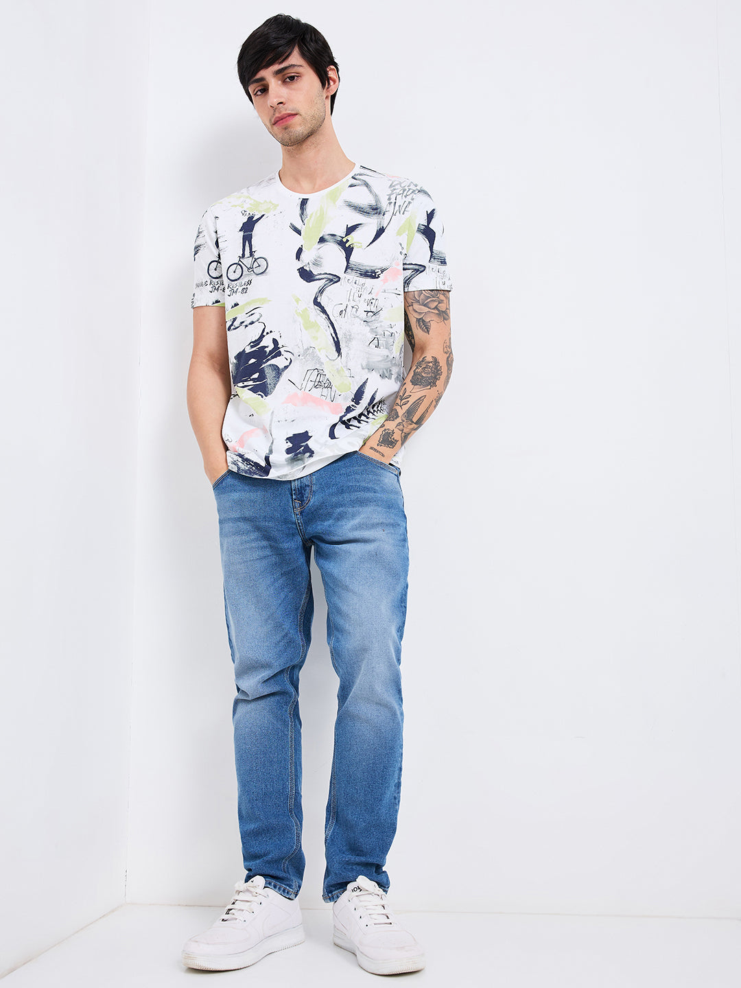 Spykar Green Slim Fit Printed Half Sleeve T-Shirt For Men