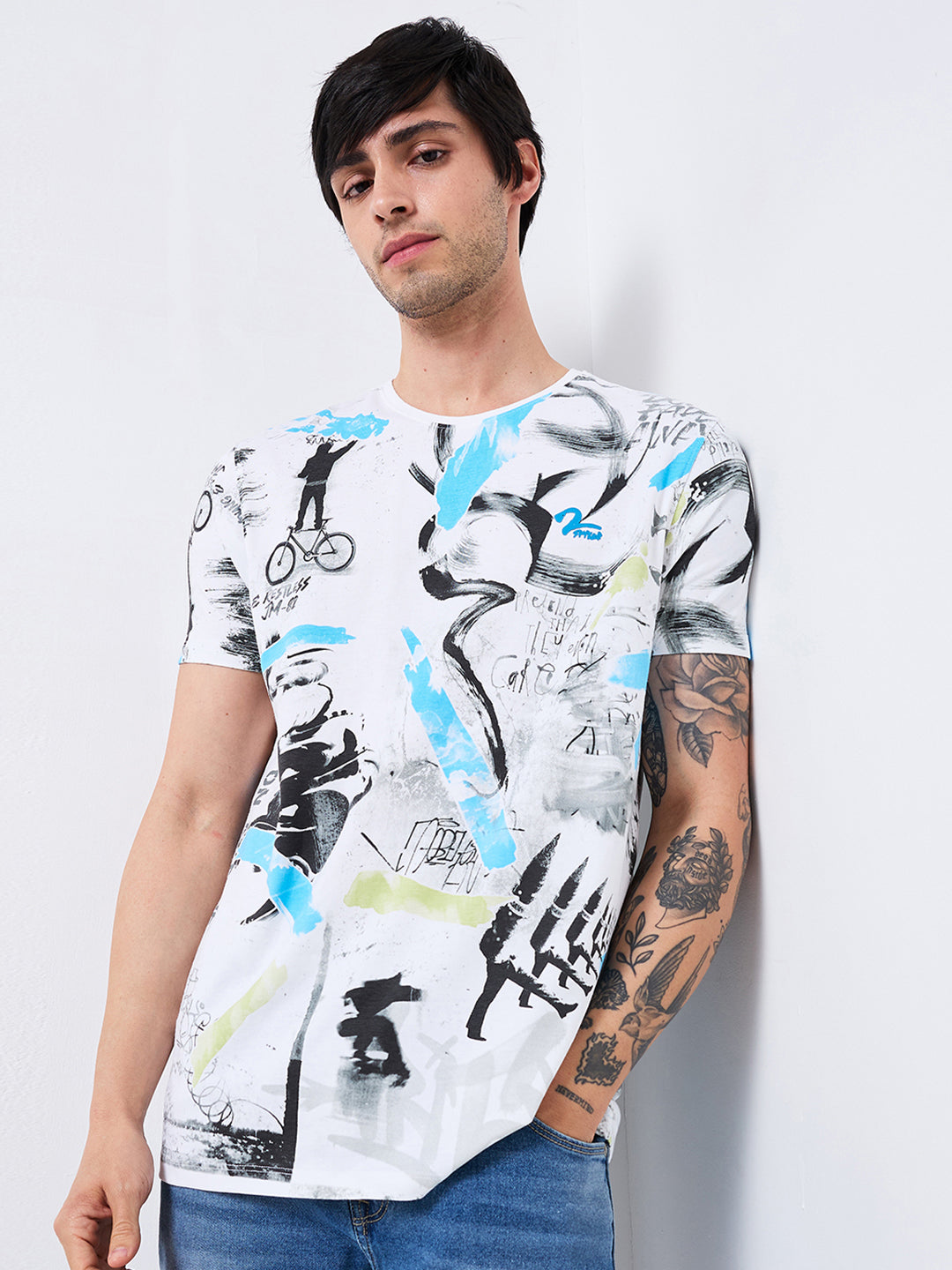 Spykar Blue Slim Fit Printed Half Sleeve T-Shirt For Men