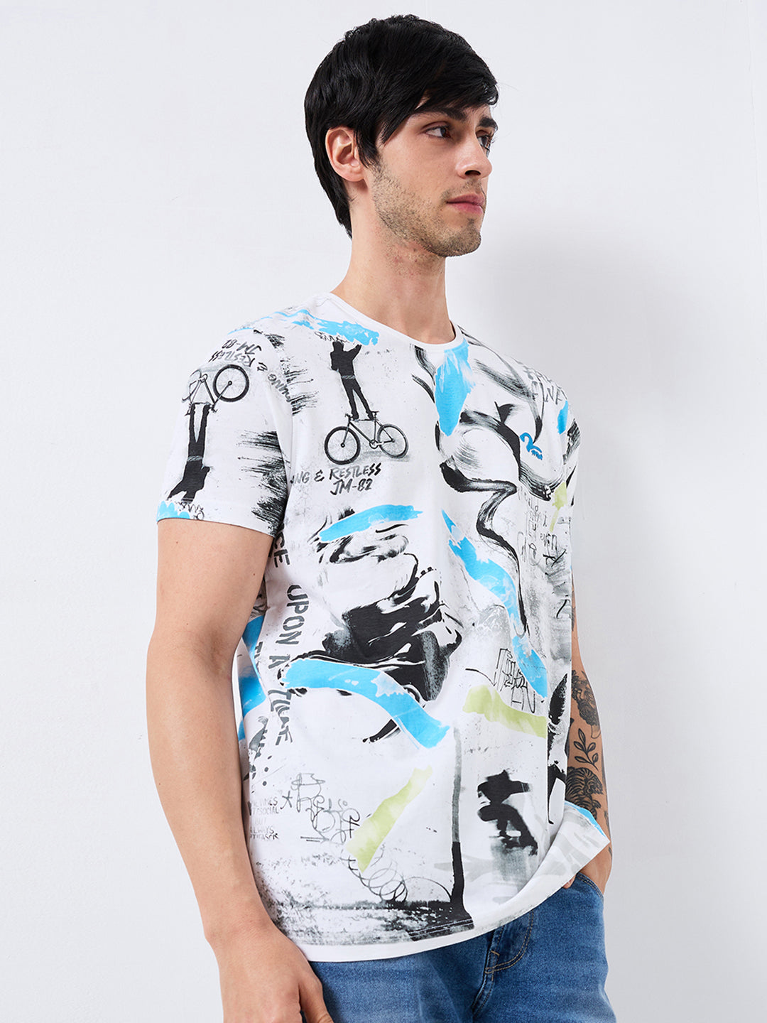 Spykar Blue Slim Fit Printed Half Sleeve T-Shirt For Men