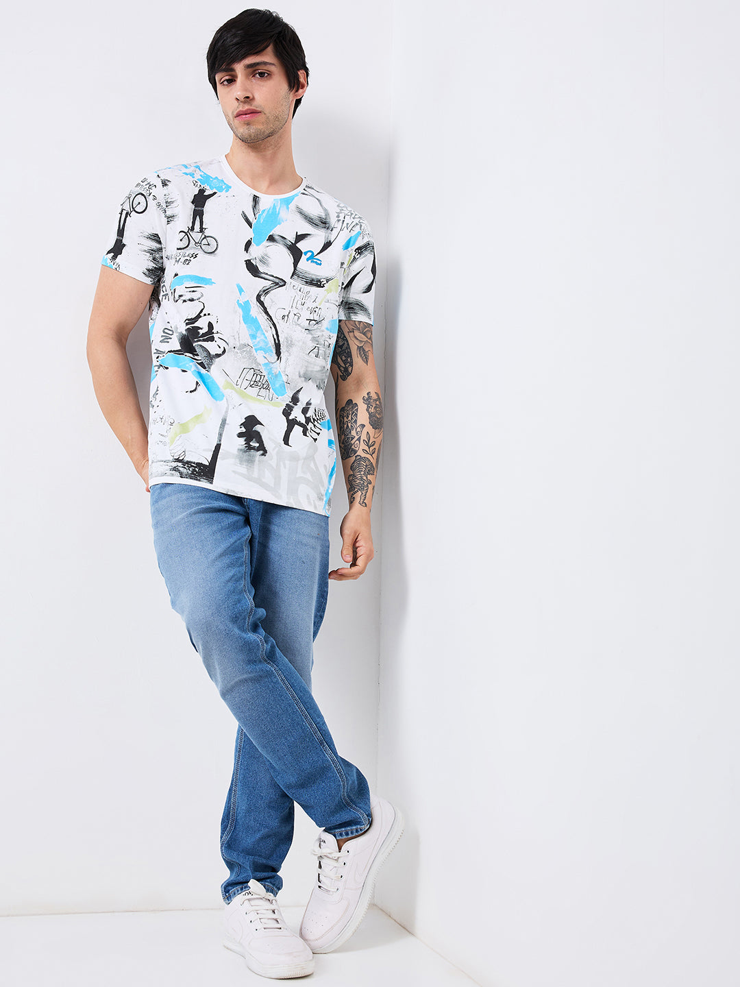 Spykar Blue Slim Fit Printed Half Sleeve T-Shirt For Men