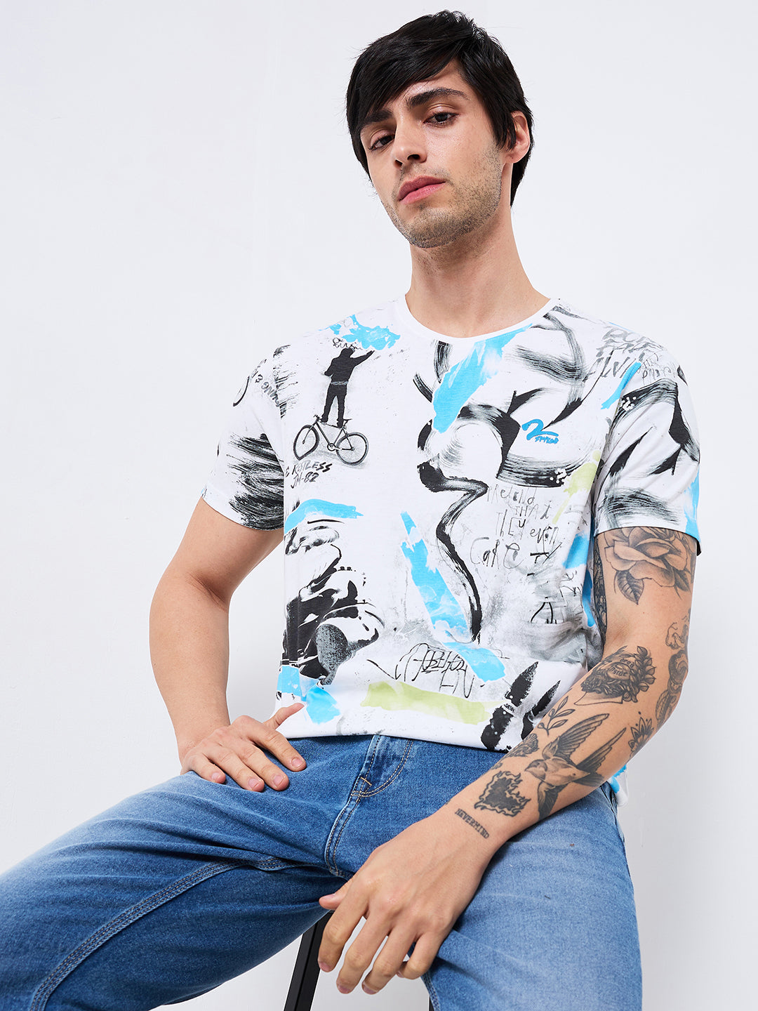 Spykar Blue Slim Fit Printed Half Sleeve T-Shirt For Men