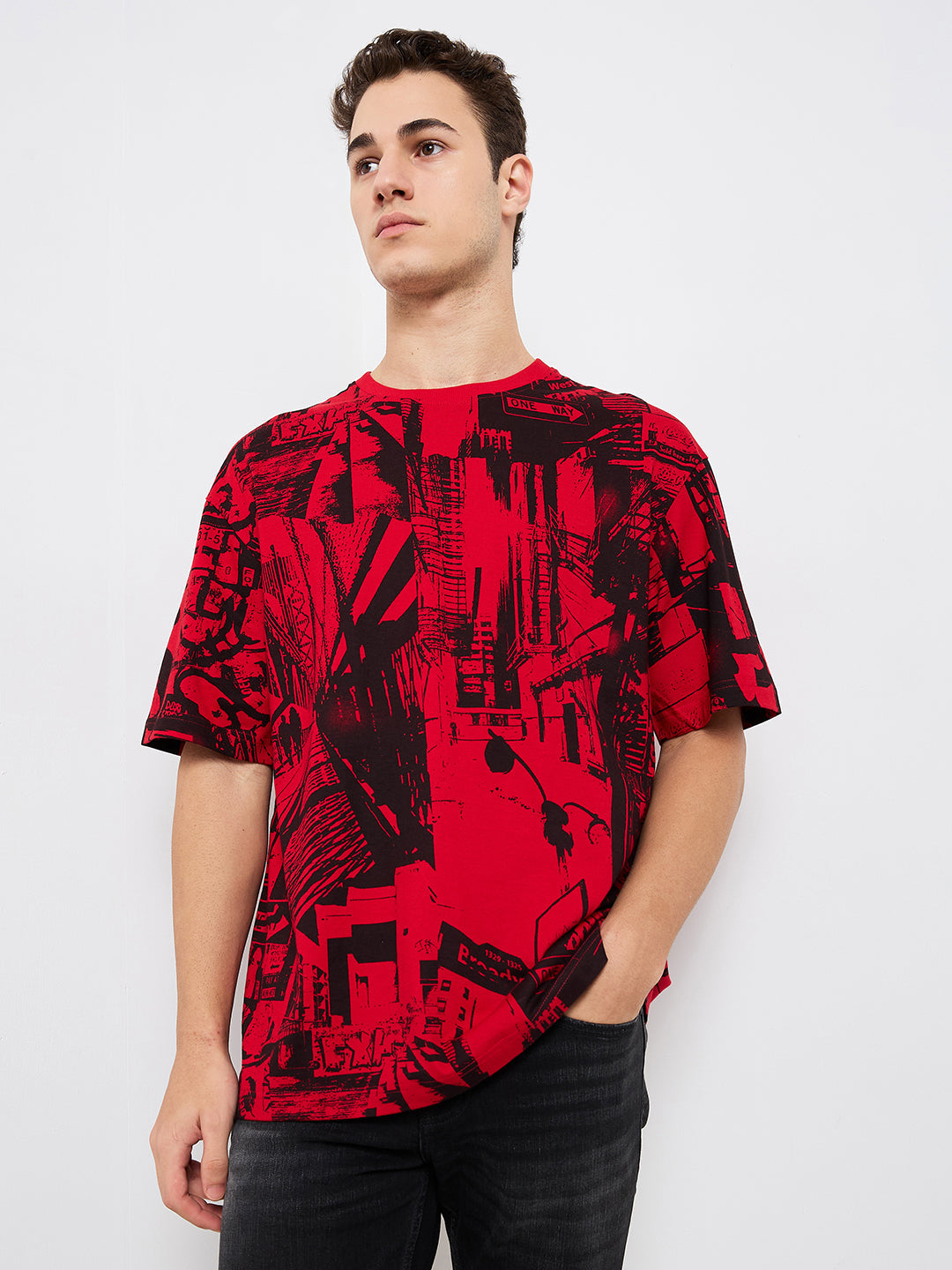 Spykar Red Loose Fit Printed Half Sleeve T-Shirt For Men