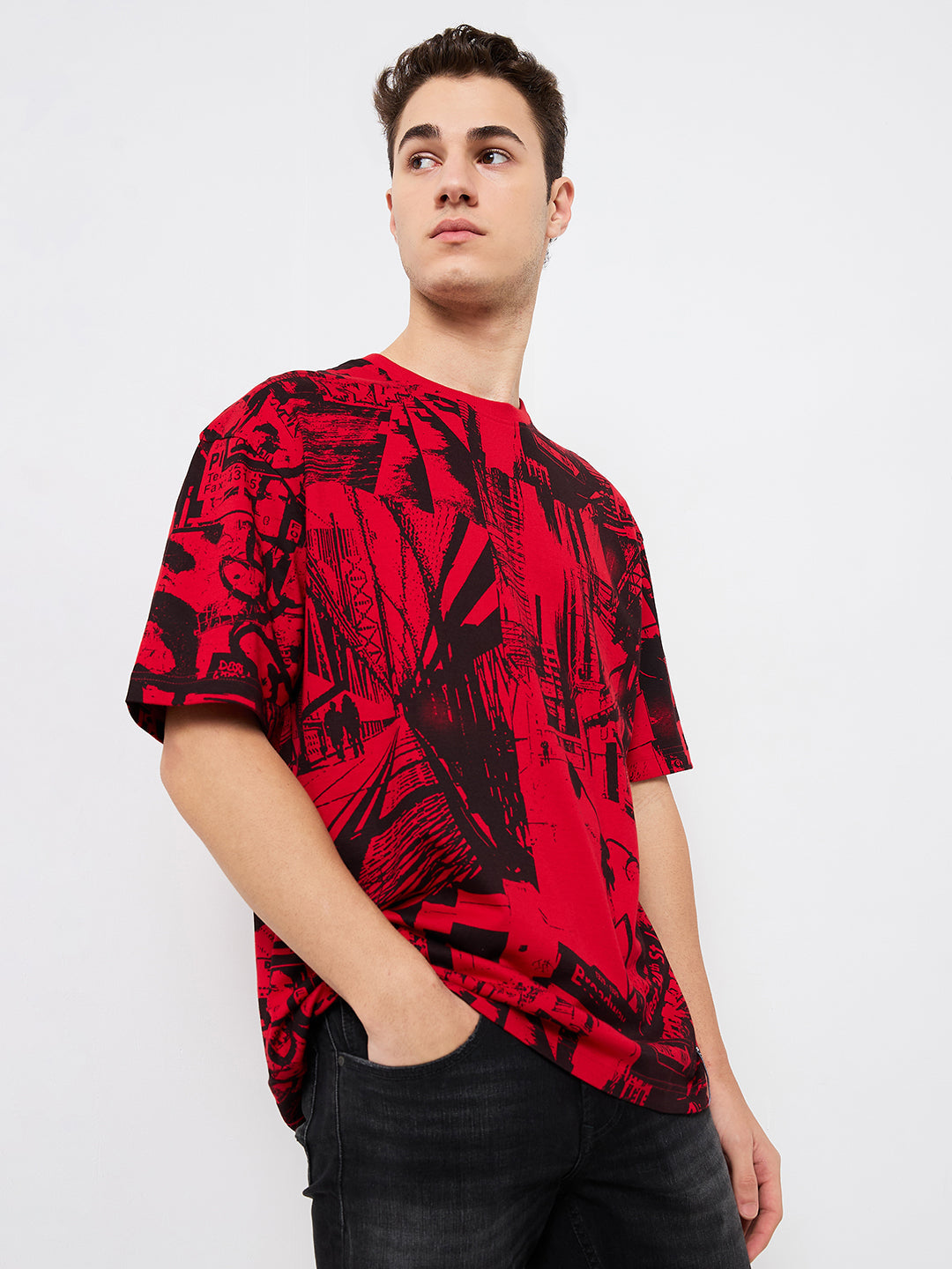 Spykar Red Loose Fit Printed Half Sleeve T-Shirt For Men