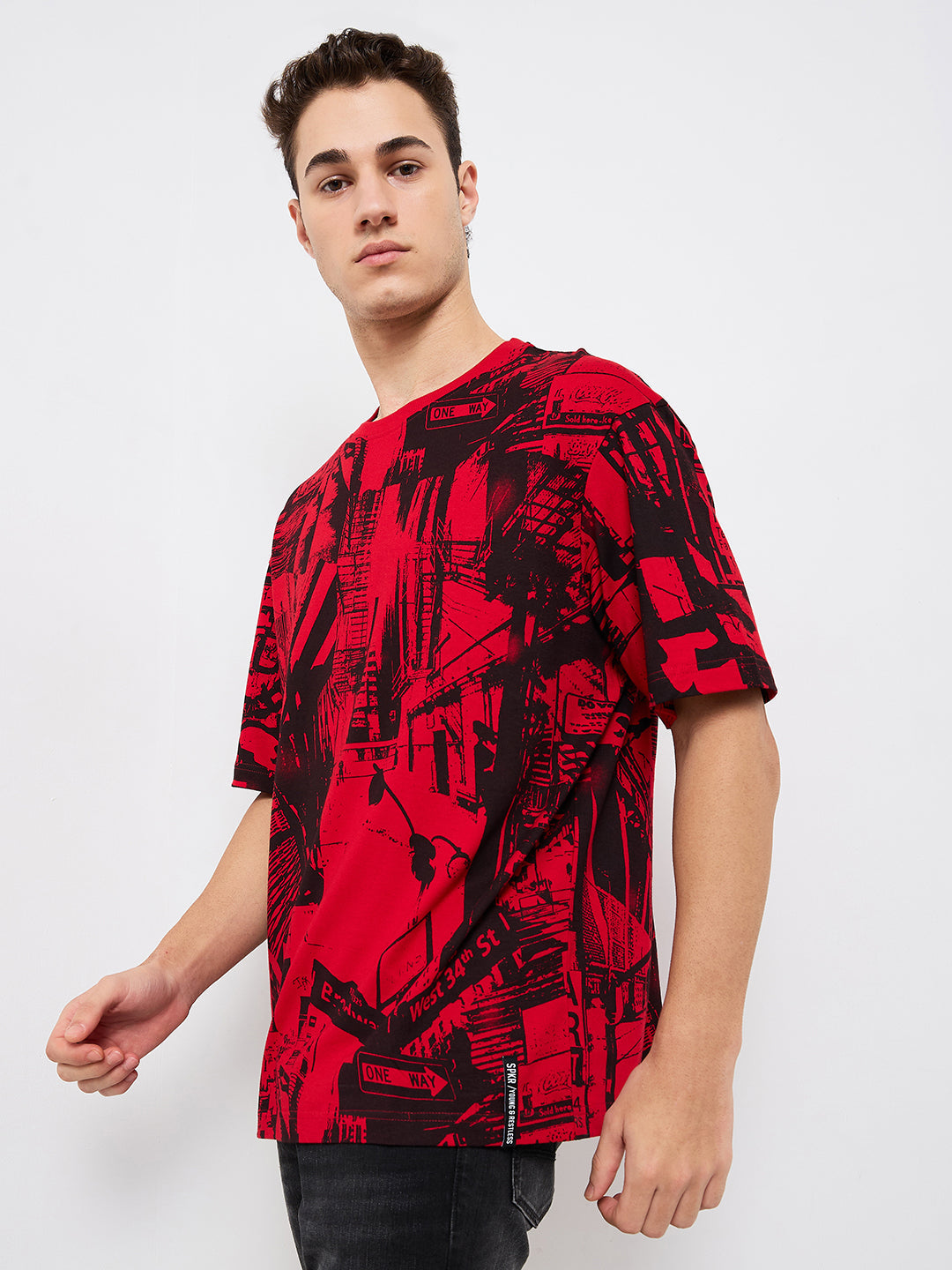 Spykar Red Loose Fit Printed Half Sleeve T-Shirt For Men