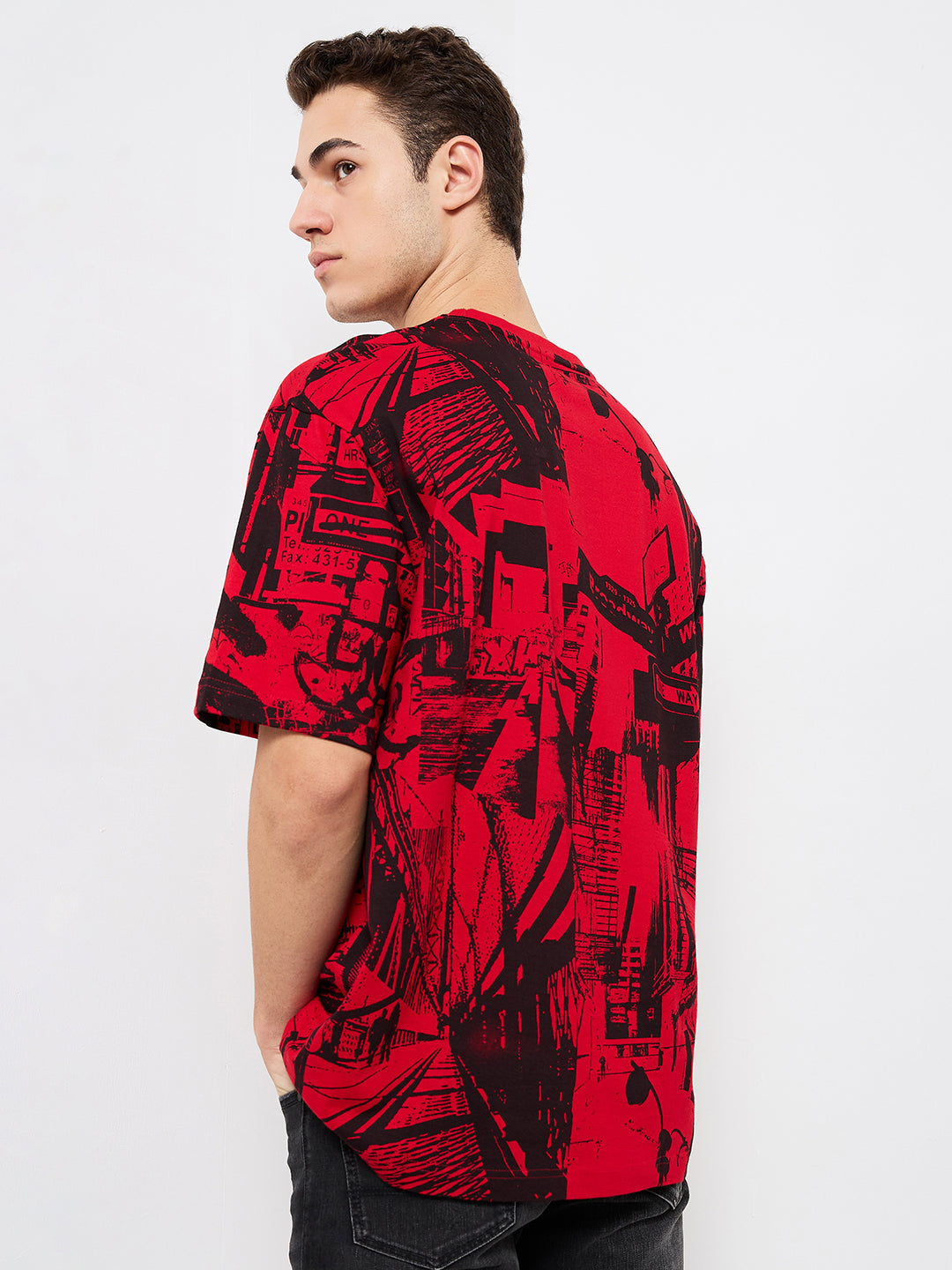 Spykar Red Loose Fit Printed Half Sleeve T-Shirt For Men