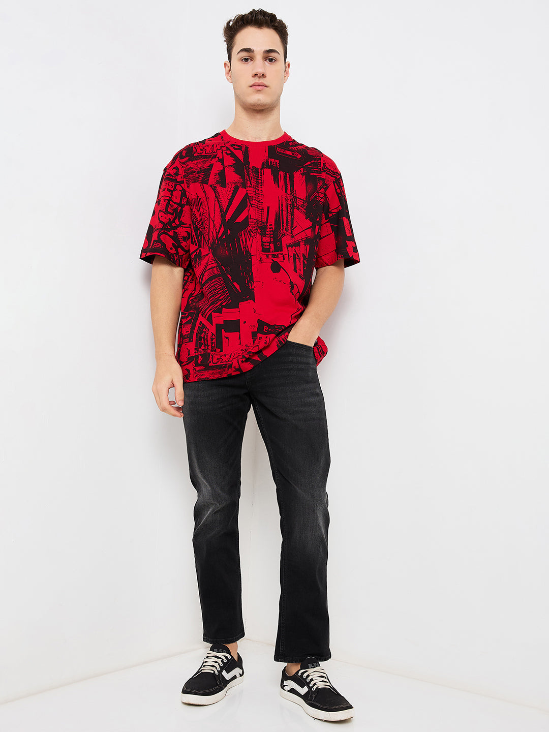 Spykar Red Loose Fit Printed Half Sleeve T-Shirt For Men