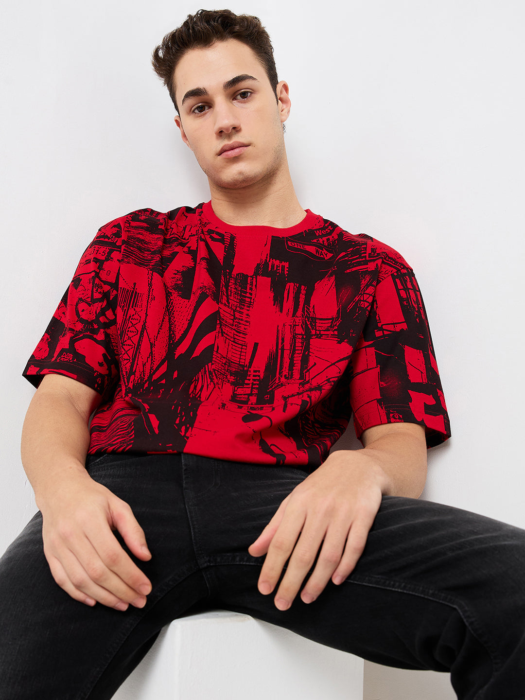 Spykar Red Loose Fit Printed Half Sleeve T-Shirt For Men