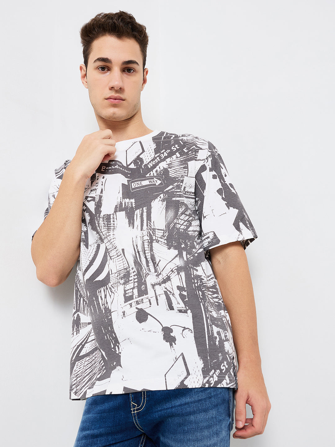 Spykar White Loose Fit Printed Half Sleeve T-Shirt For Men