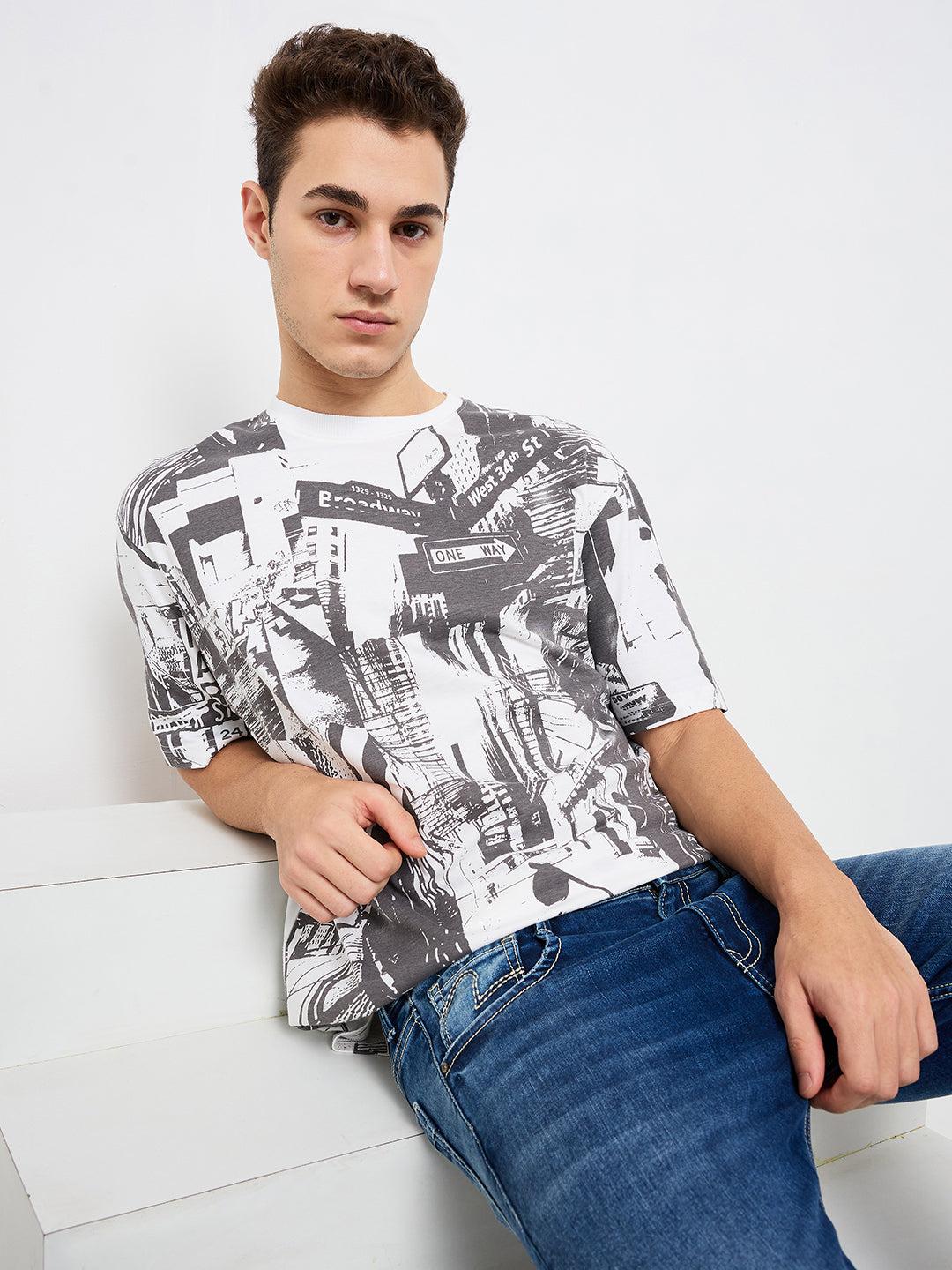 Spykar White Loose Fit Printed Half Sleeve T-Shirt For Men