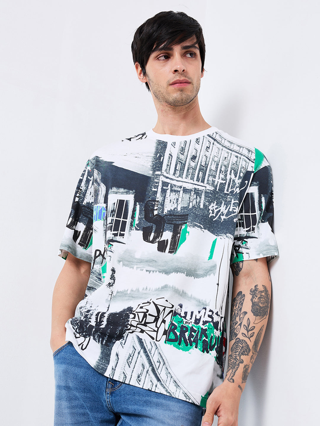 Spykar Black Loose Fit Printed Half Sleeve T-Shirt For Men