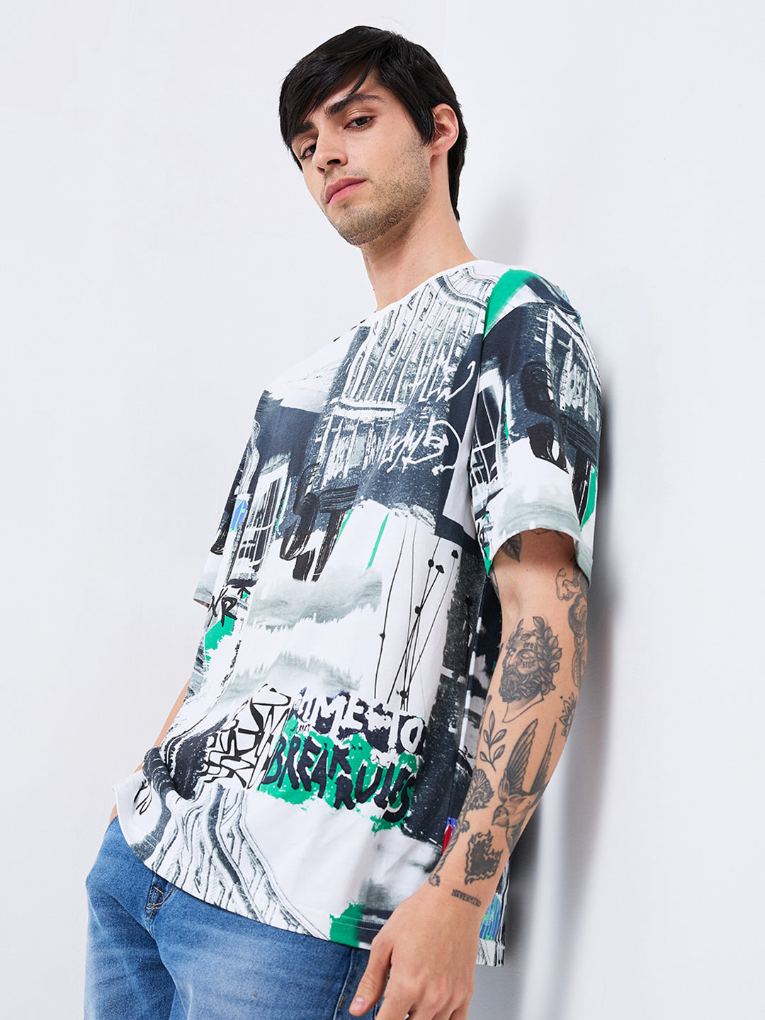 Spykar Black Loose Fit Printed Half Sleeve T-Shirt For Men