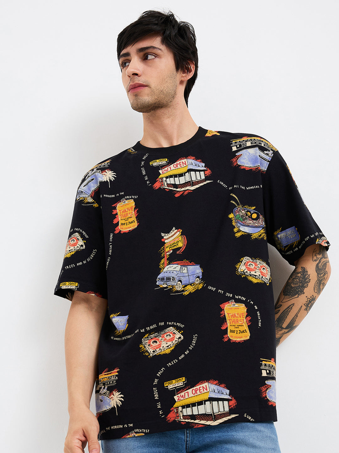 Men T-Shirt Black Print Loose Fit