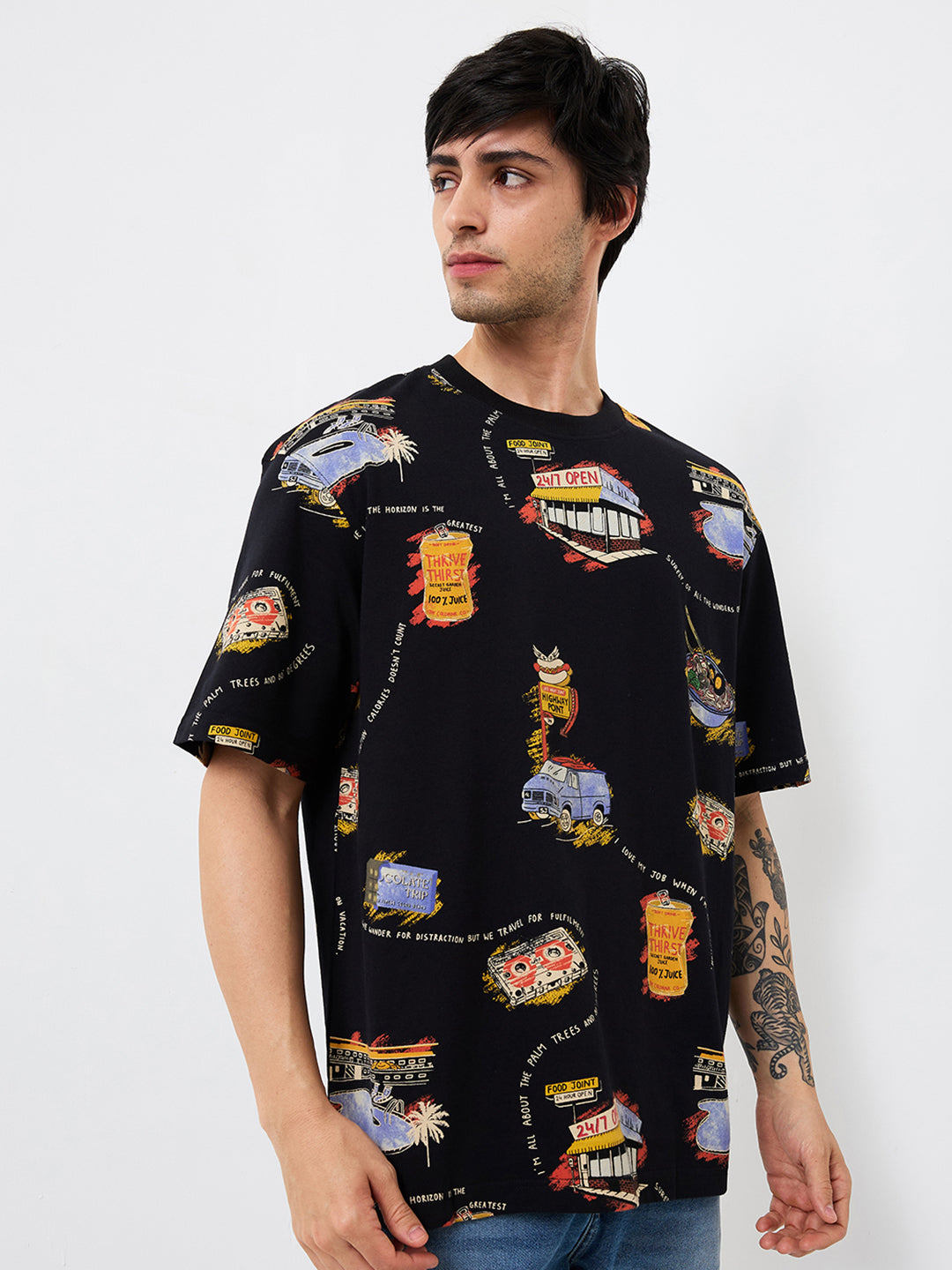 Men T-Shirt Black Print Loose Fit