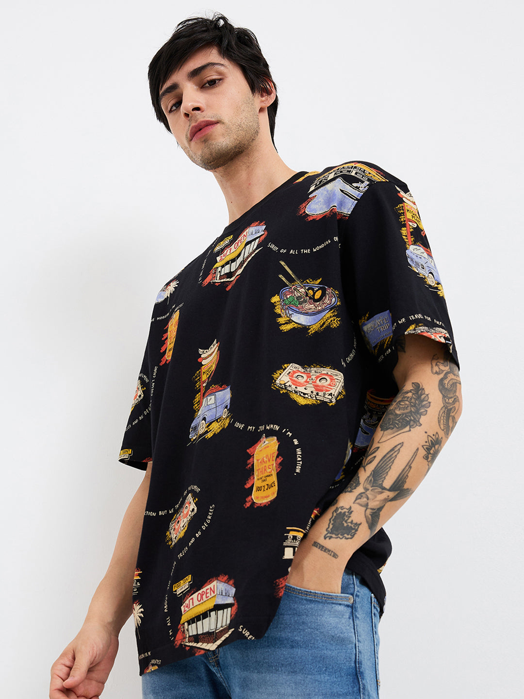 Spykar Black Loose Fit Printed Half Sleeve T-Shirt For Men