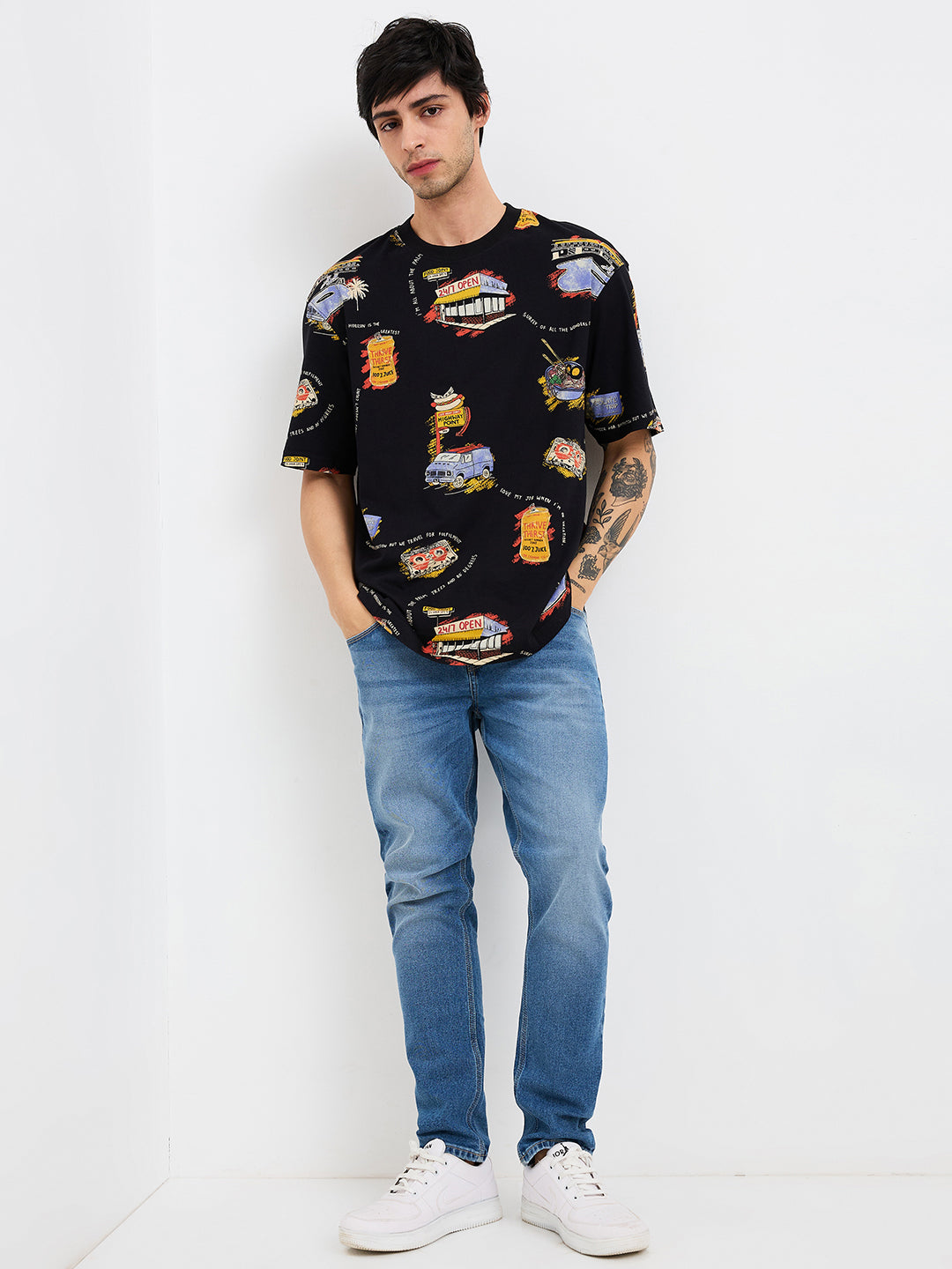 Spykar Black Loose Fit Printed Half Sleeve T-Shirt For Men