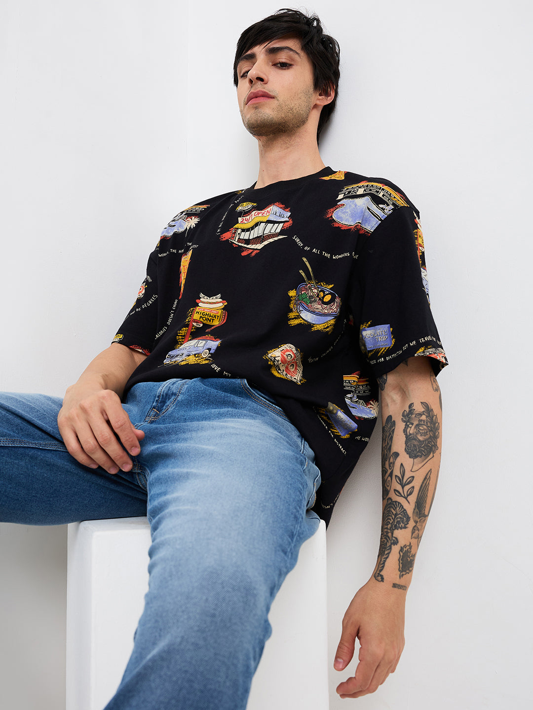 Spykar Black Loose Fit Printed Half Sleeve T-Shirt For Men