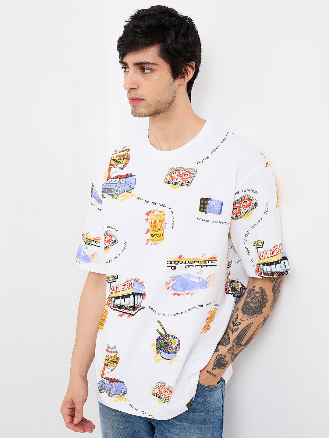 Spykar White Loose Fit Printed Half Sleeve T-Shirt For Men